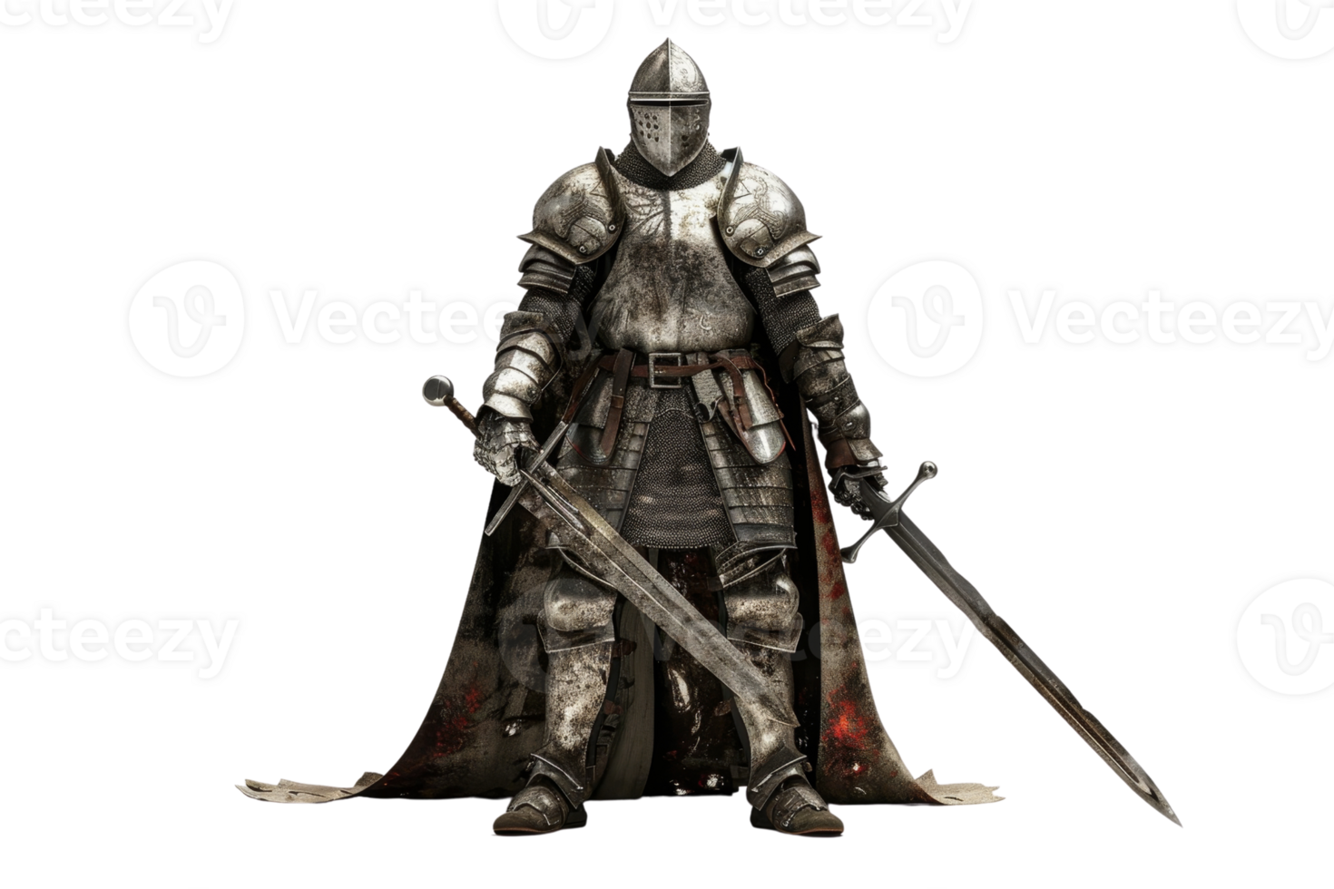 Medieval knight in full armor with sword and shield, standing ready for battle with a background of myth and history. png