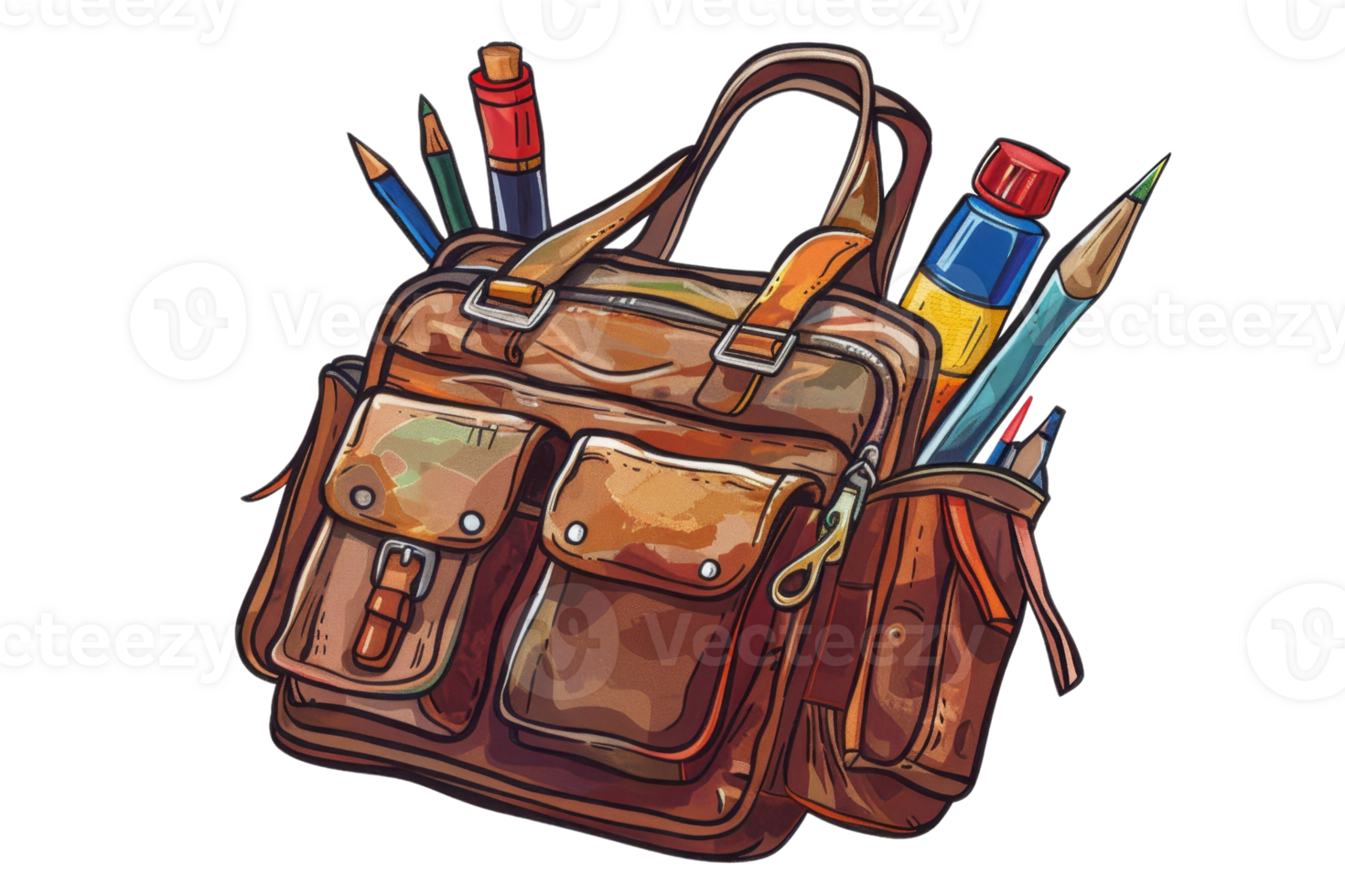 The bag is made of leather and has a lot of pockets and compartments. It is perfect for carrying around all your supplies. png