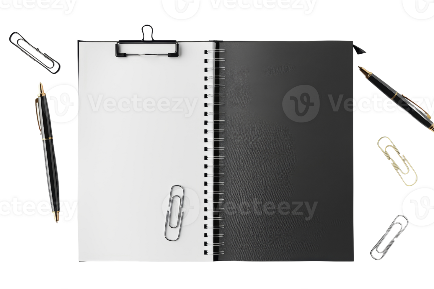 Open notebook with white and black pages surrounded by pens and paper clips, ideal for office or school use. png