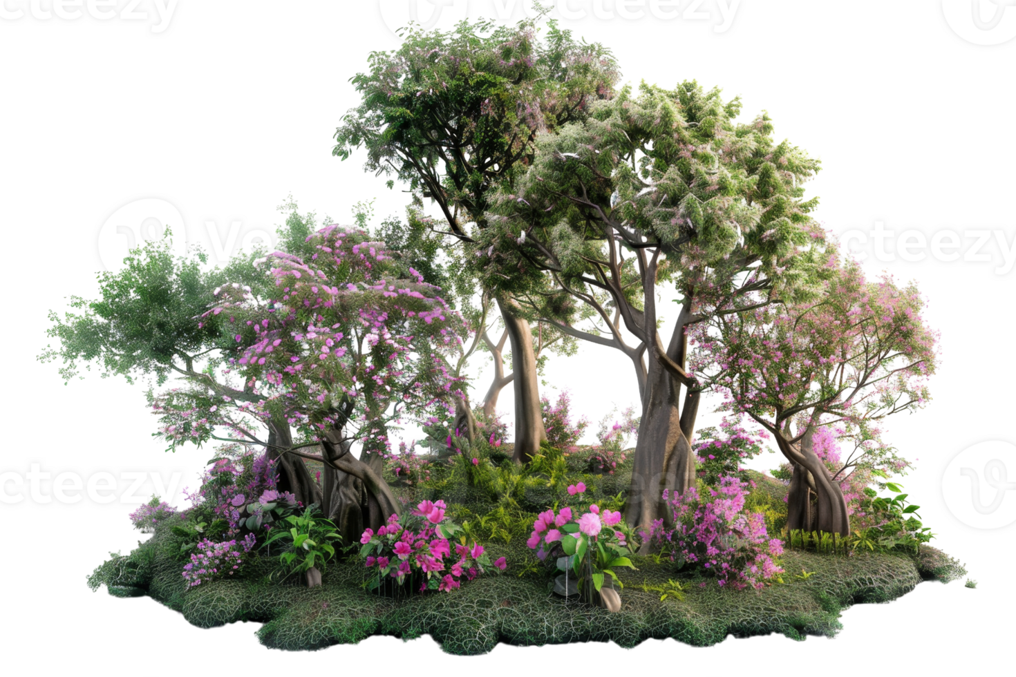 Lush greenery and vibrant flowers create a serene forest scene, perfect for nature enthusiasts and landscape admirers. png