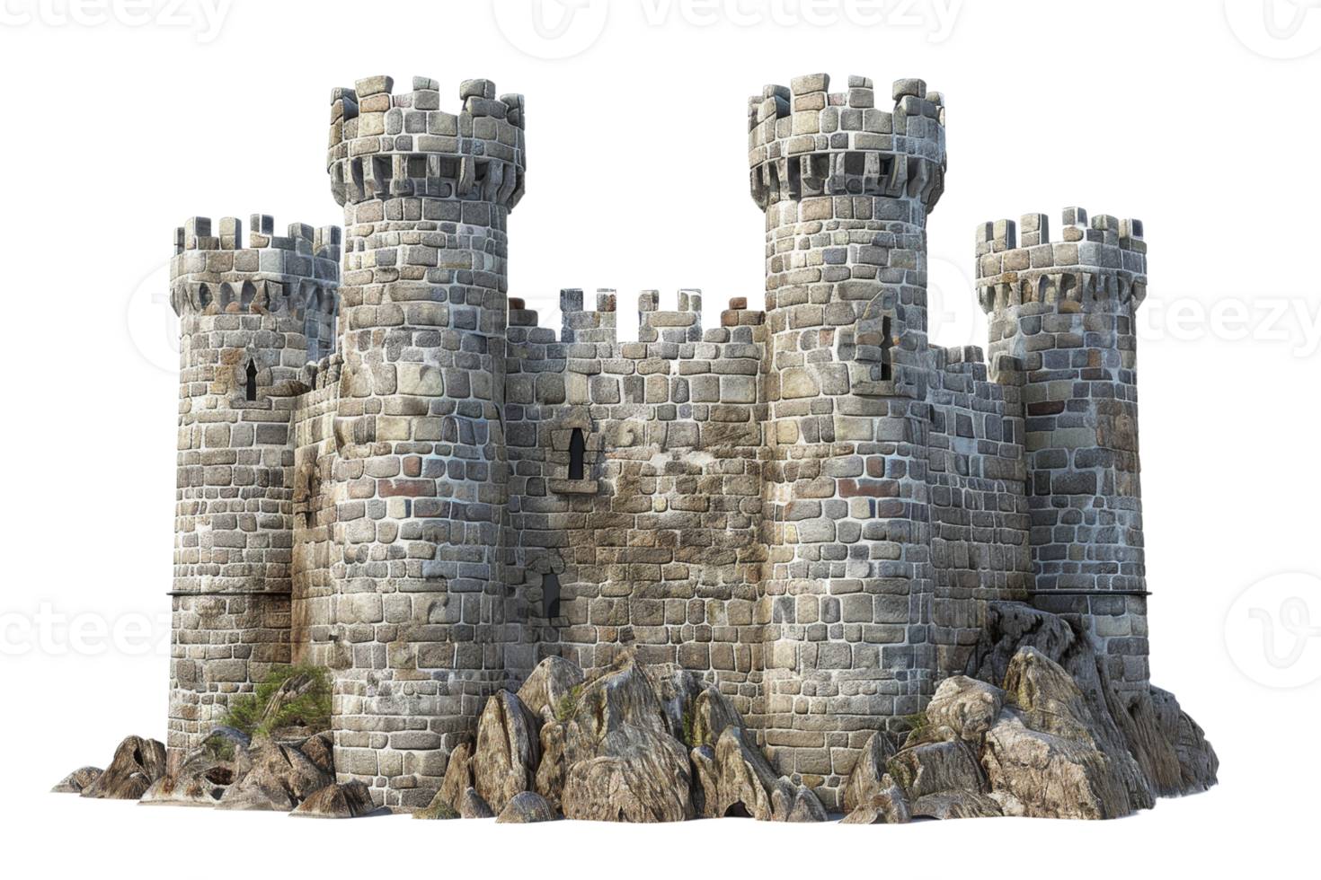 Medieval stone castle with multiple watchtowers, isolated on a transparent background. Ideal for historical, architectural, and fantasy themes. png