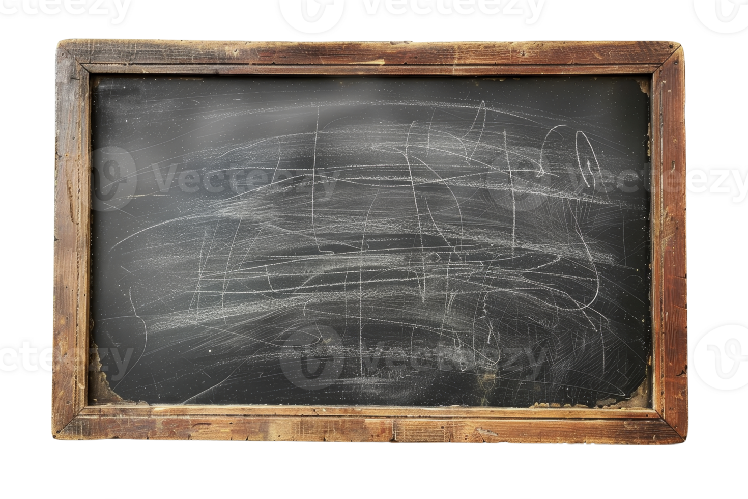 Old rustic blackboard with wooden frame and chalk marks, suitable for educational and vintage-themed designs. png