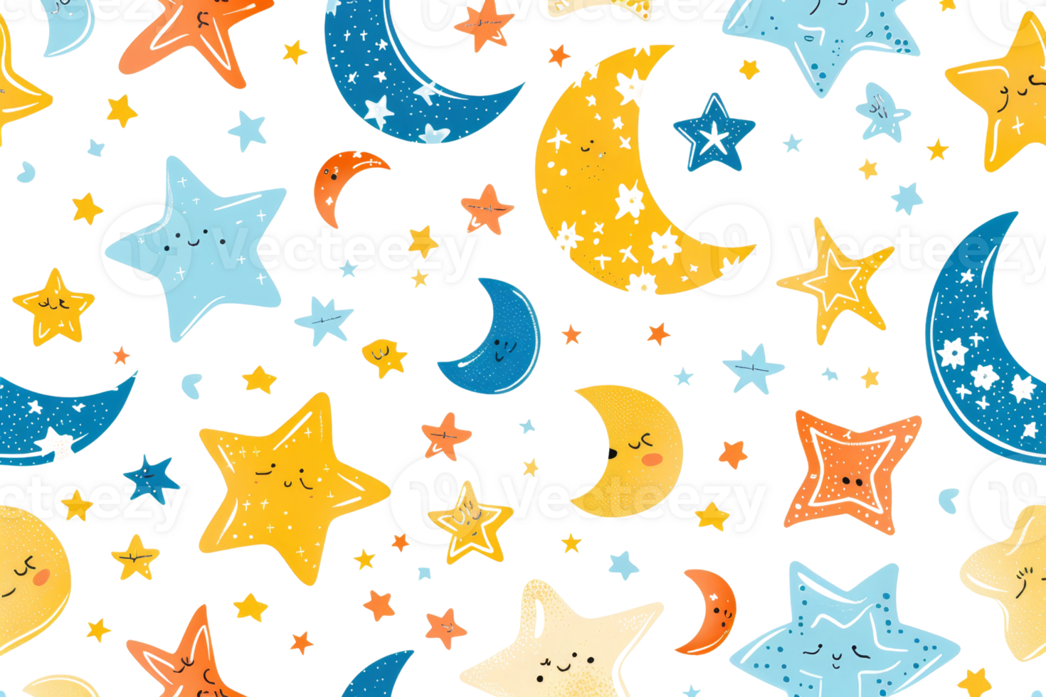 seamless pattern of hand-drawn stars and moons in various colors on a black background png
