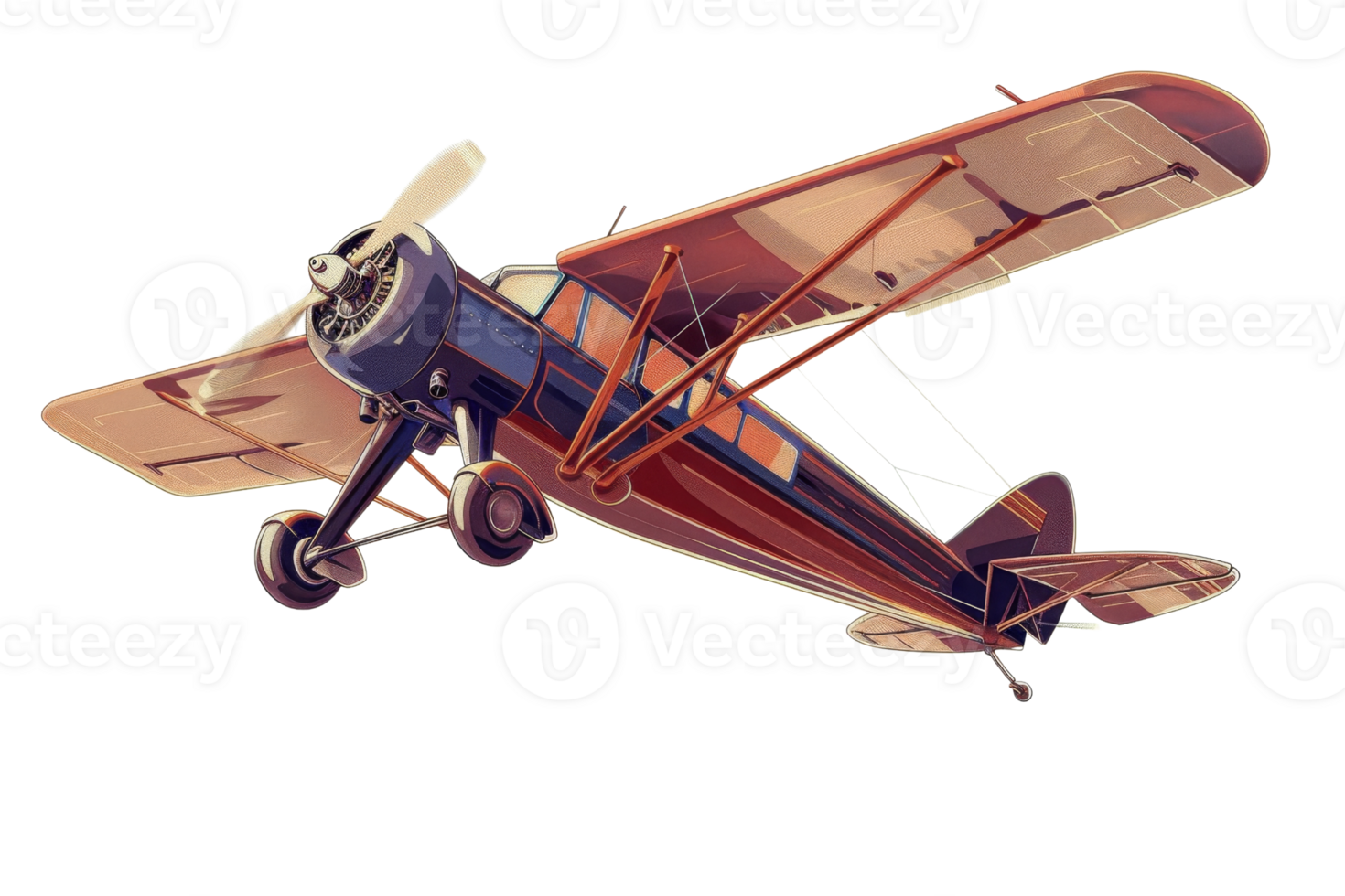 vintage airplane with a single propeller. It has red and yellow markings on its body and appears to be in flight. png