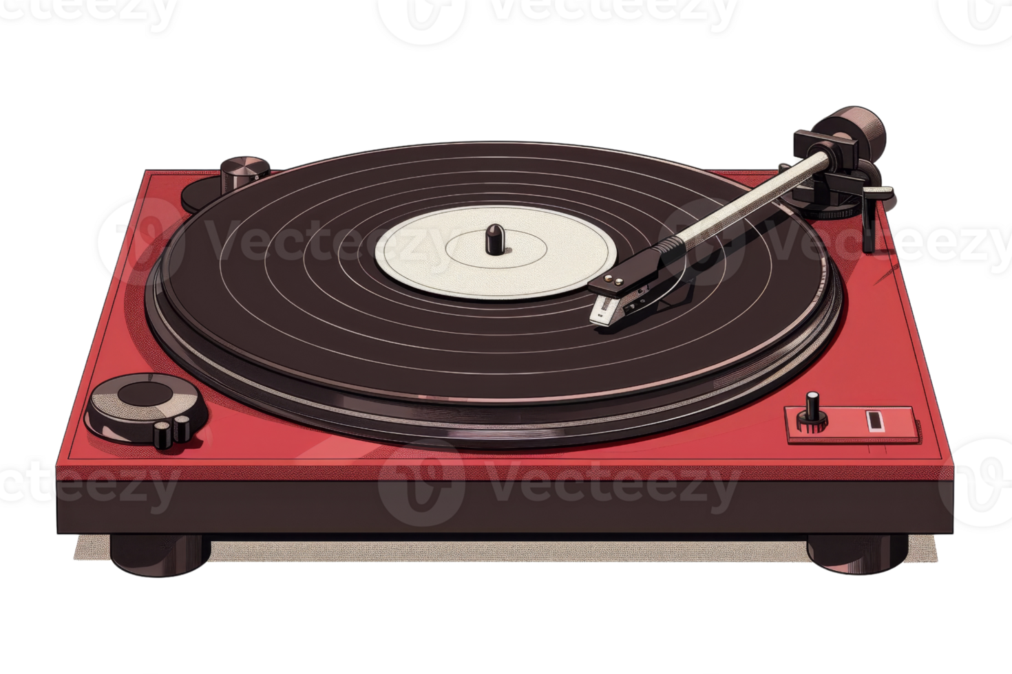 red turntable with a black record on it. The turntable is sitting on transparent background. png