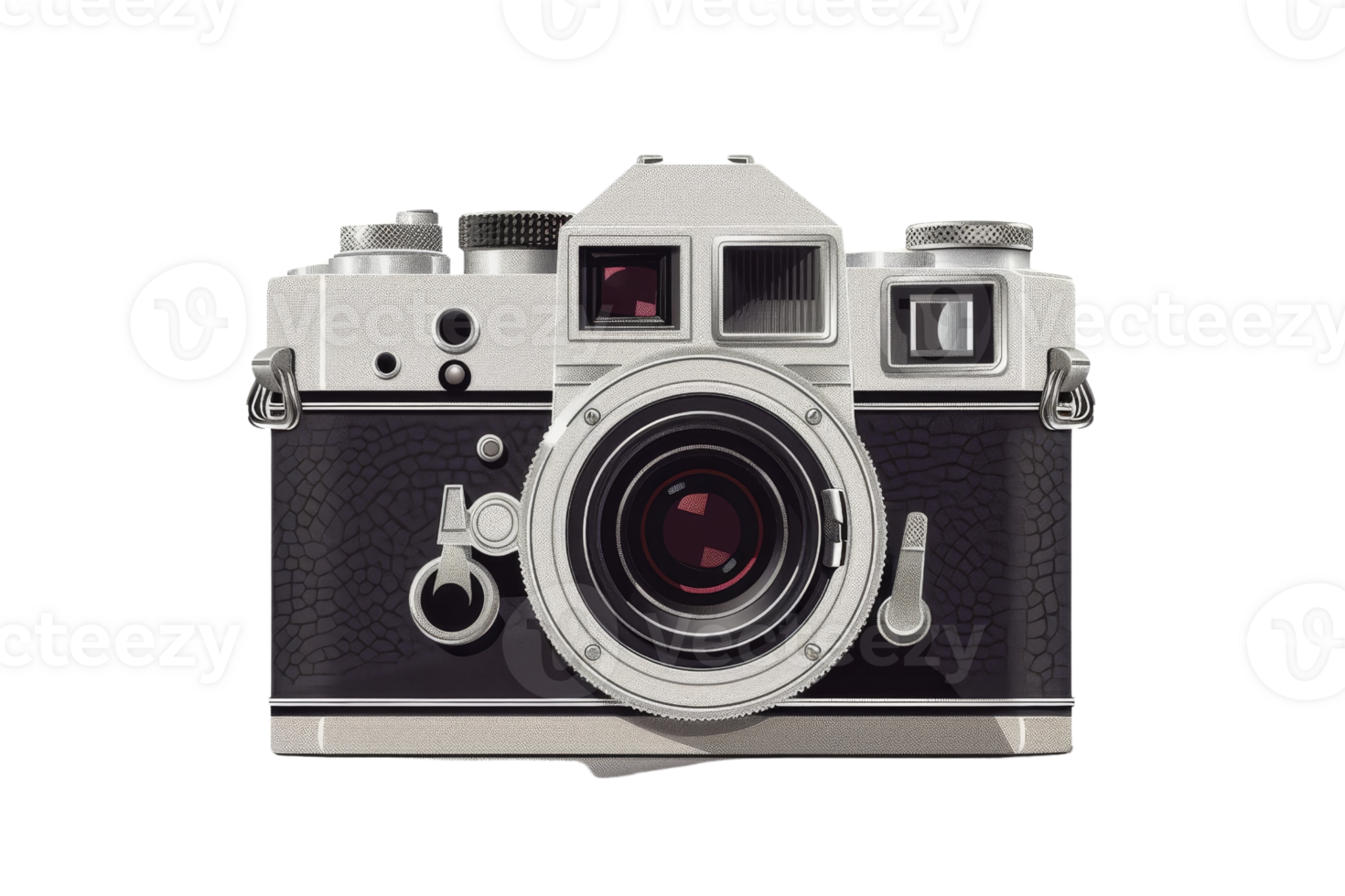 vintage camera with a brown body and a silver lens. The camera has a round viewfinder and a small flash on the top. png