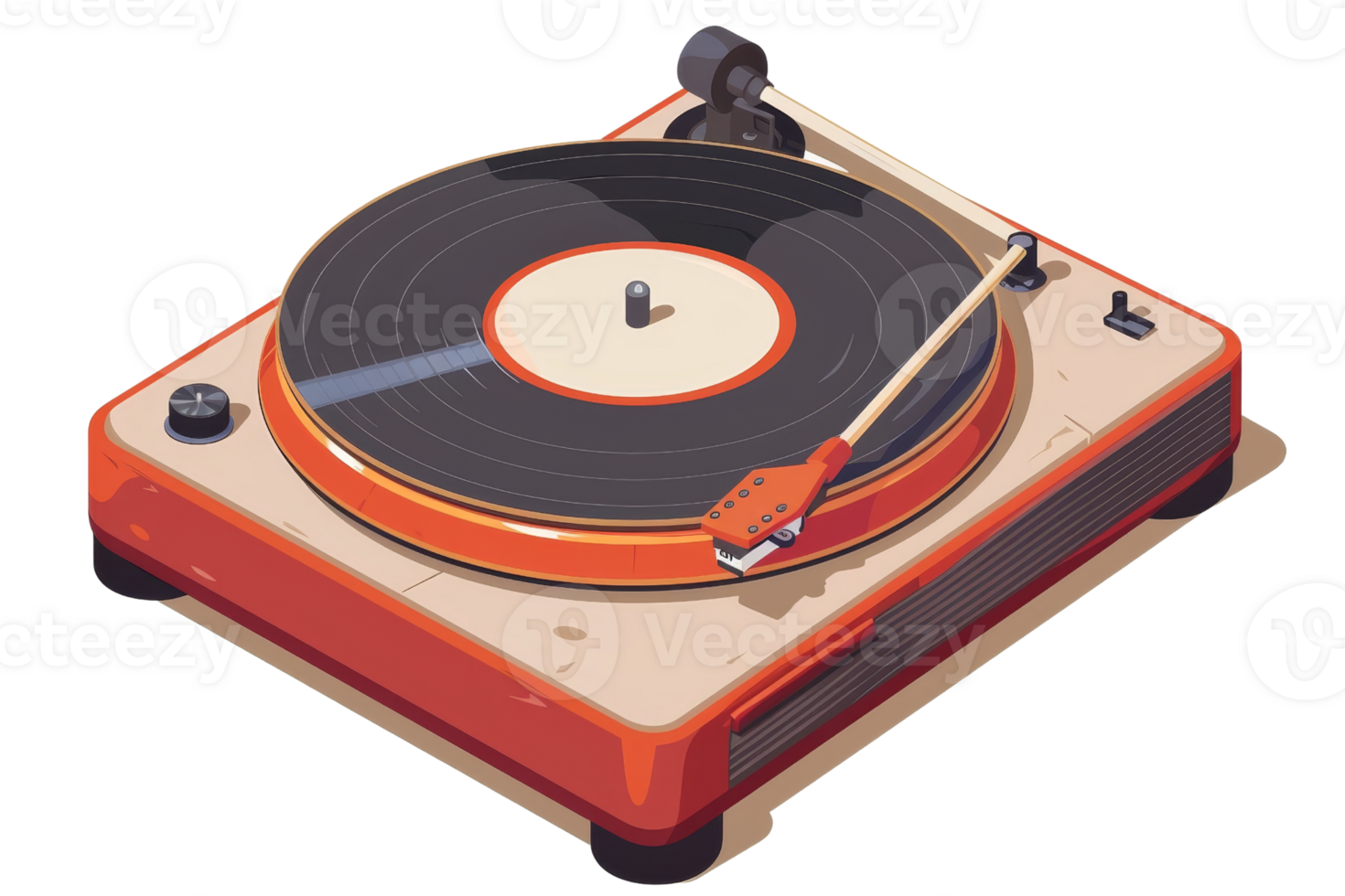 The retro red turntable is playing a record. The needle is on the record and the music is playing. png
