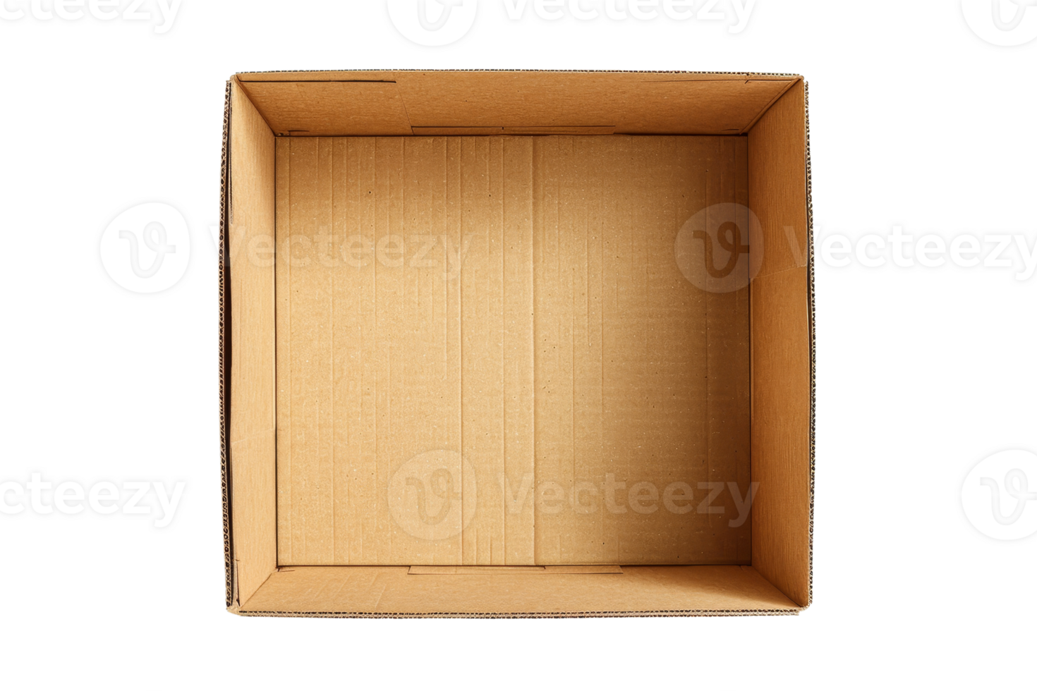 Top view of an open empty cardboard box against a transparent background. Ideal for packaging, shipping, moving, and storage concepts. png