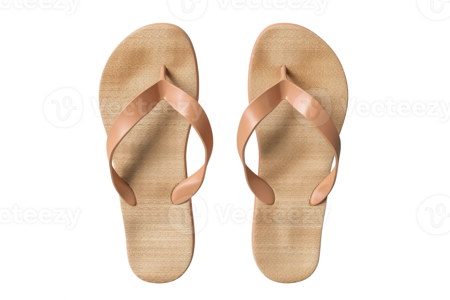 Top view of a pair of beige flip-flops with wooden soles, perfect for summer beachwear and casual outings. png