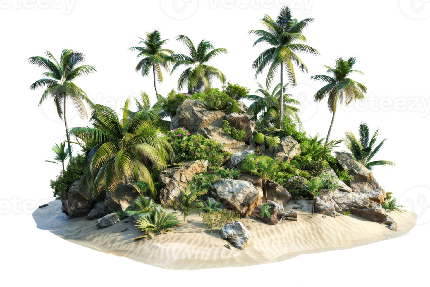 Tropical island paradise with palm trees, lush foliage, and sandy beach, perfect for vacation, nature, and travel backgrounds. png