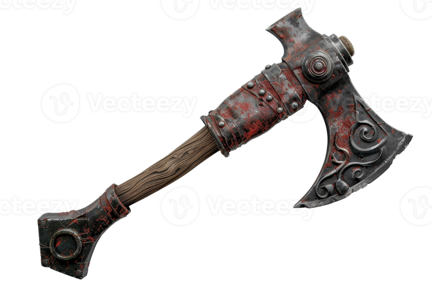 Vintage battle axe with intricate carvings, featuring a wooden handle and a detailed, weathered blade. Ideal for medieval, fantasy, or historical themes. png