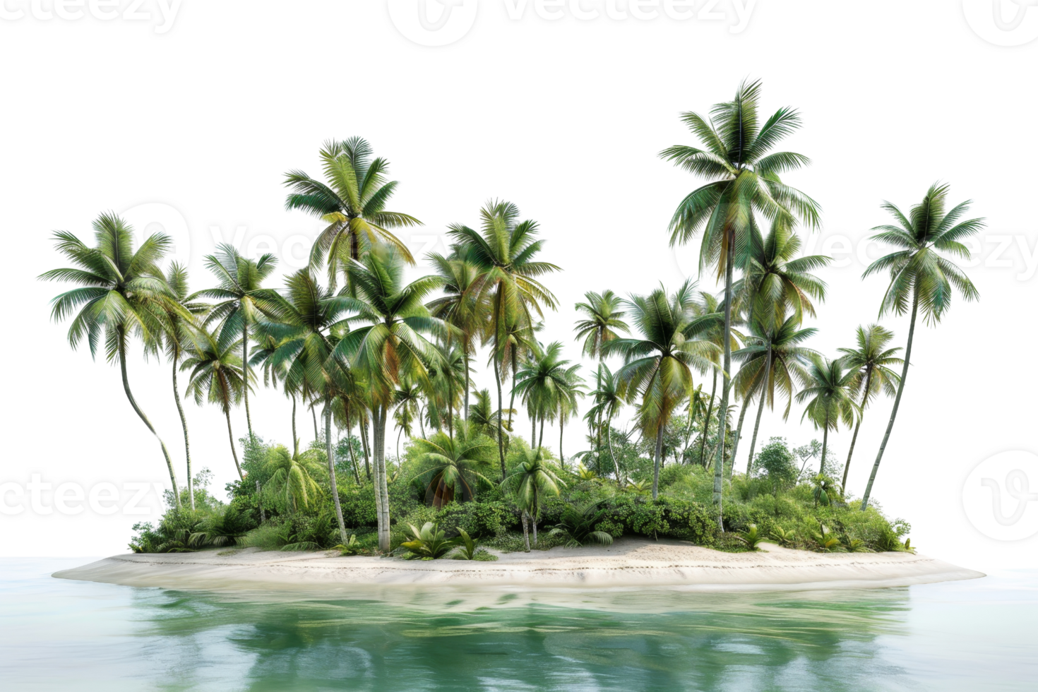 Tropical island with lush greenery and palm trees surrounded by clear blue water, perfect for vacation and relaxation themes. png