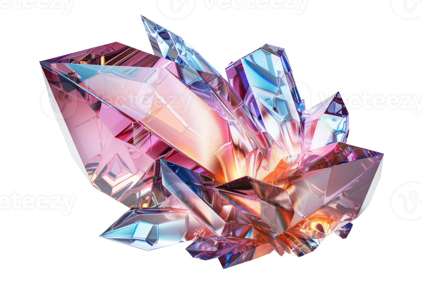 Vibrant, colorful crystal formation with angular facets reflecting rainbow hues. A mesmerizing display of natural beauty in a stunning gem structure. png