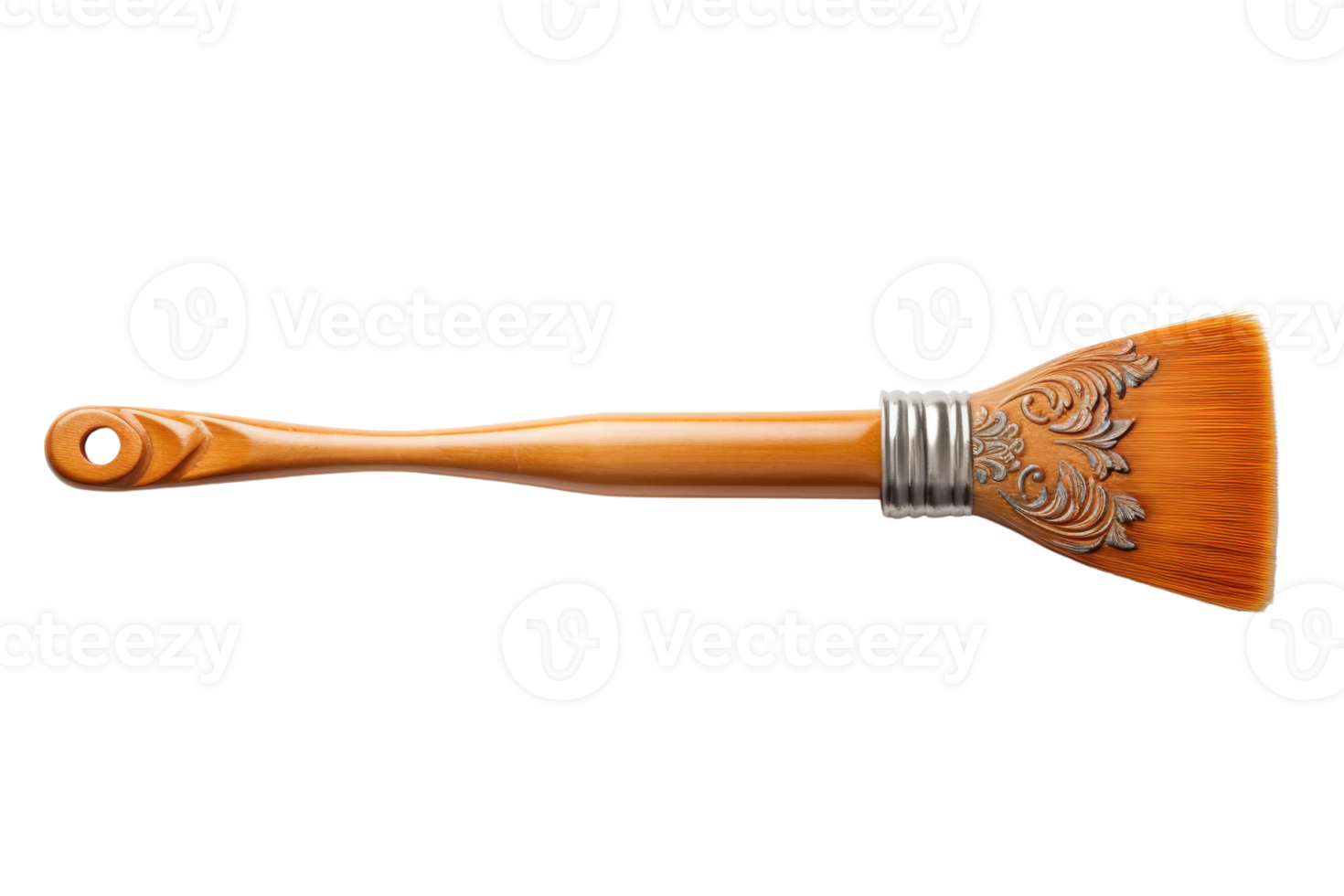 A wooden brush with a gold handle and a silver band. The brush is long and thin. The handle is made of wood and the bristles are made of natural fibers png
