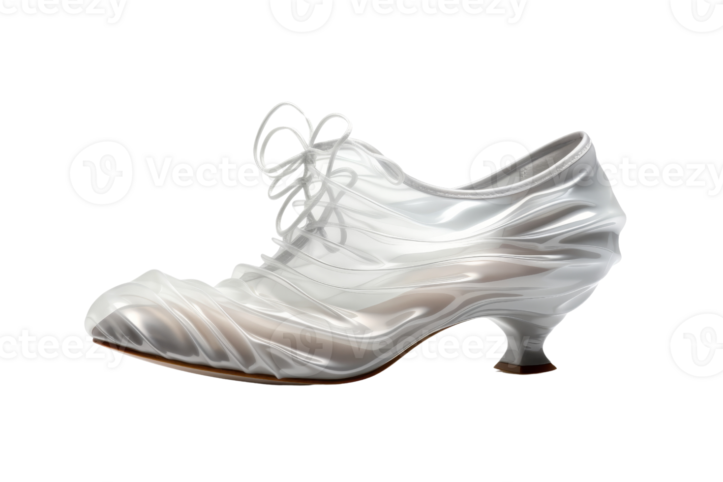 A shoe with a bow on it is shown in a clear plastic case. The shoe is white and has a pointed toe png