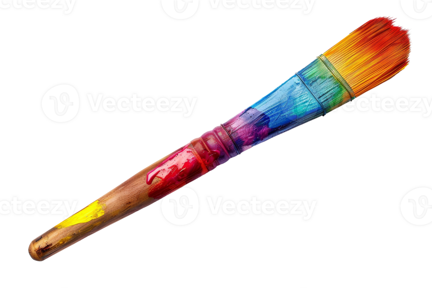 A paintbrush with a rainbow of colors on it. The brush is long and thin, with a wooden handle. The colors on the brush are vibrant and eye-catching, suggesting that it is used for creating colorful png