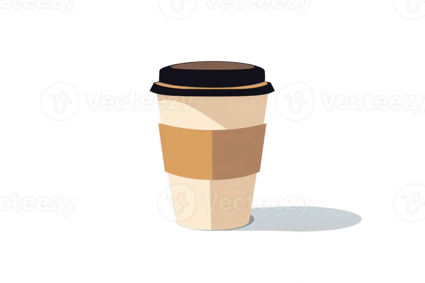 A photo of a coffee cup on a white background. The coffee cup is brown and has a black lid. png