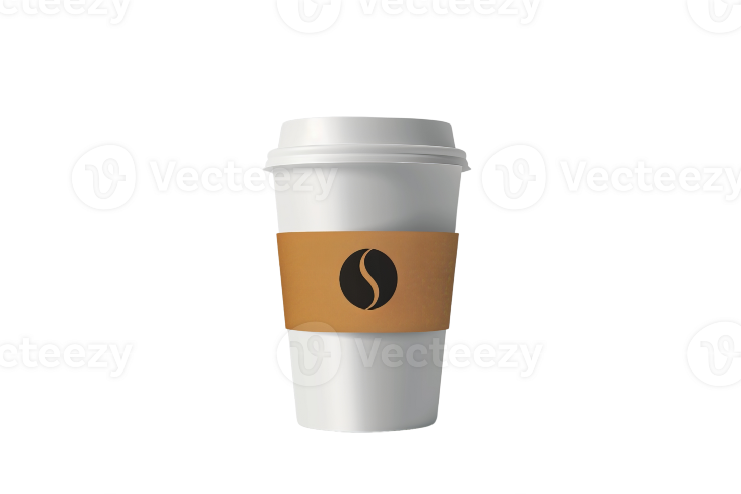 A cup of coffee with a brown sleeve and a brown lid. The coffee sleeve has a black coffee bean logo on it. png