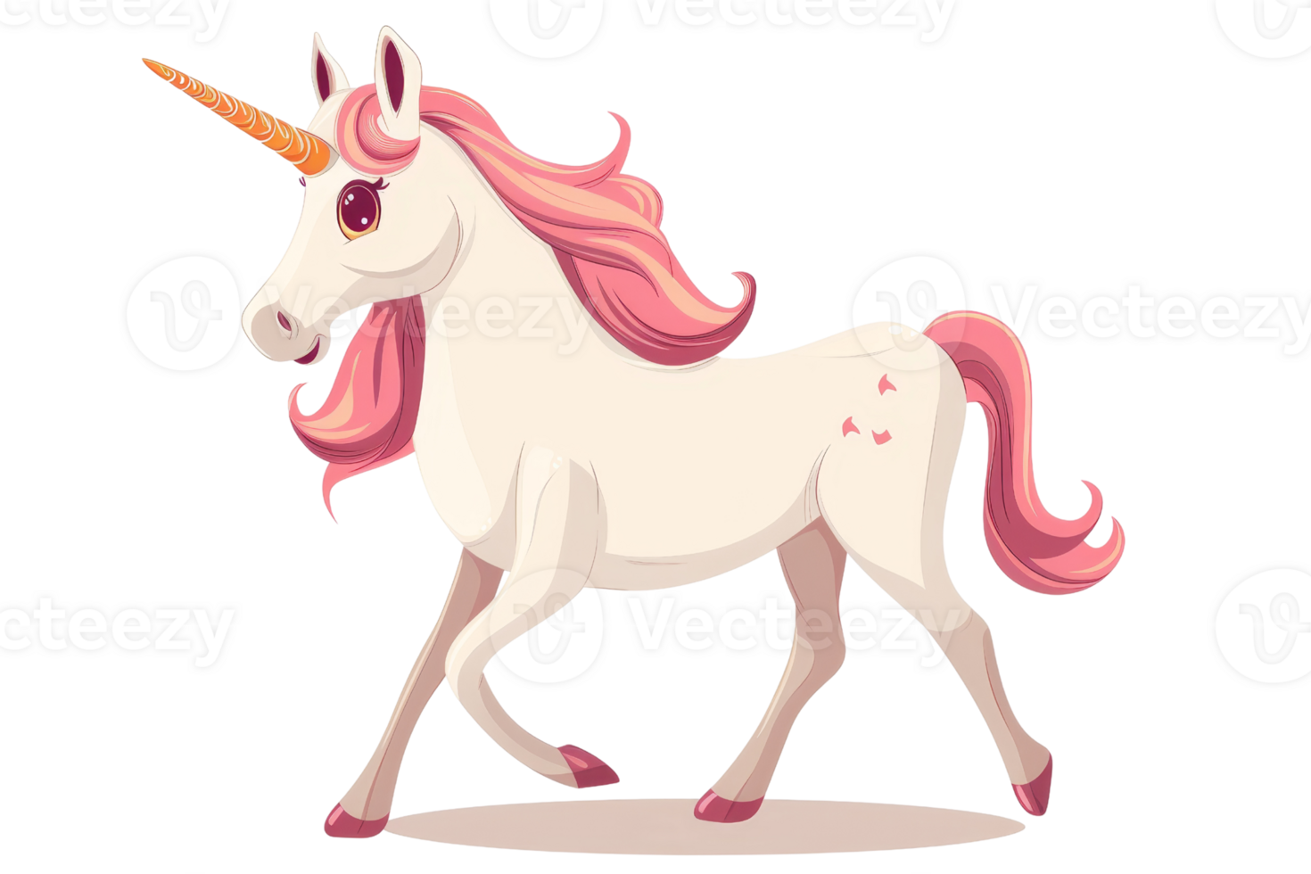 A beautiful unicorn with a pink mane and tail is walking towards you. It has a golden horn and hooves, and its eyes are a deep blue. The unicorn is surrounded by a soft, pink glow. png