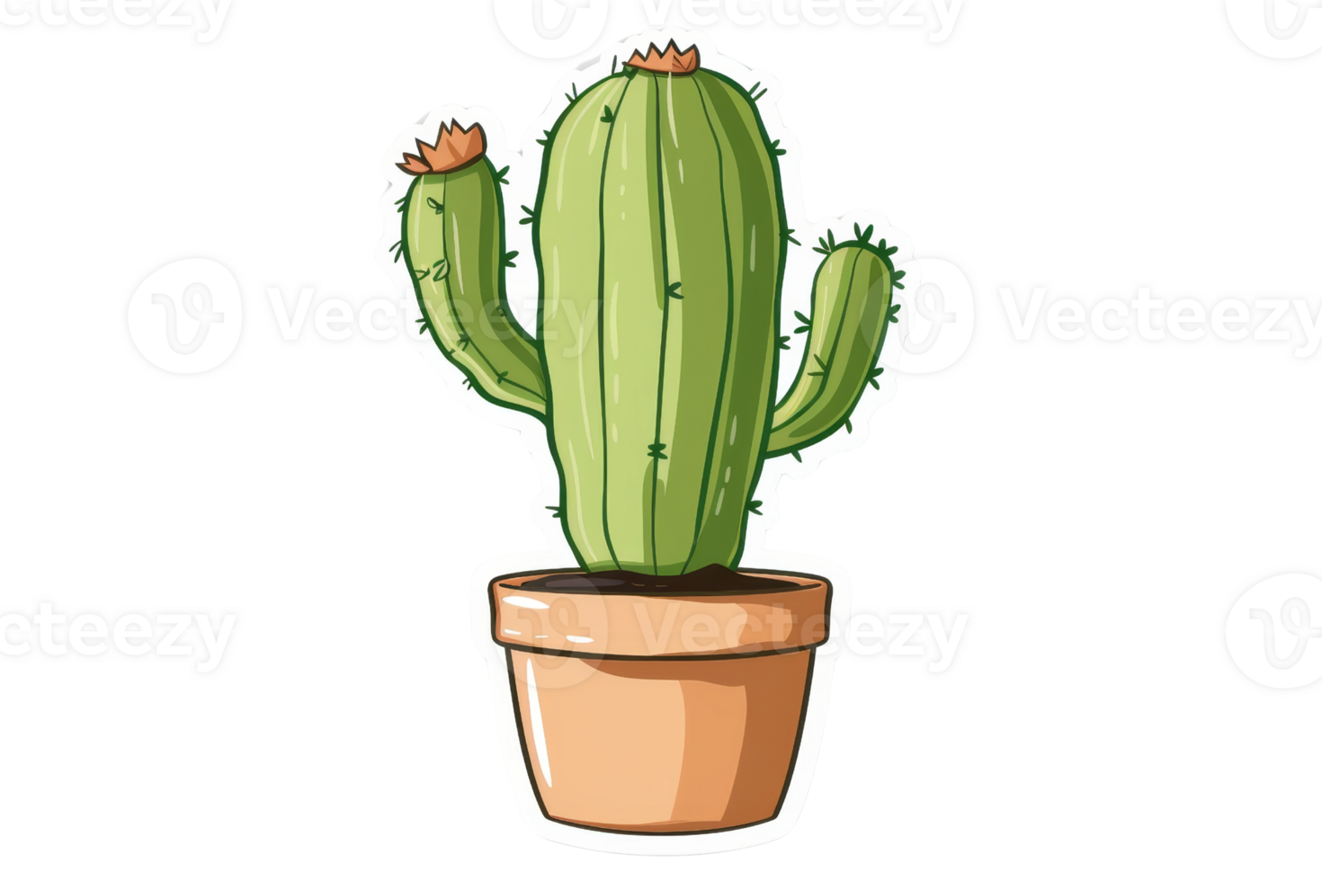 A cute cactus in a pot, with a surprised expression on its face. The cactus is decorated with three flowers. png