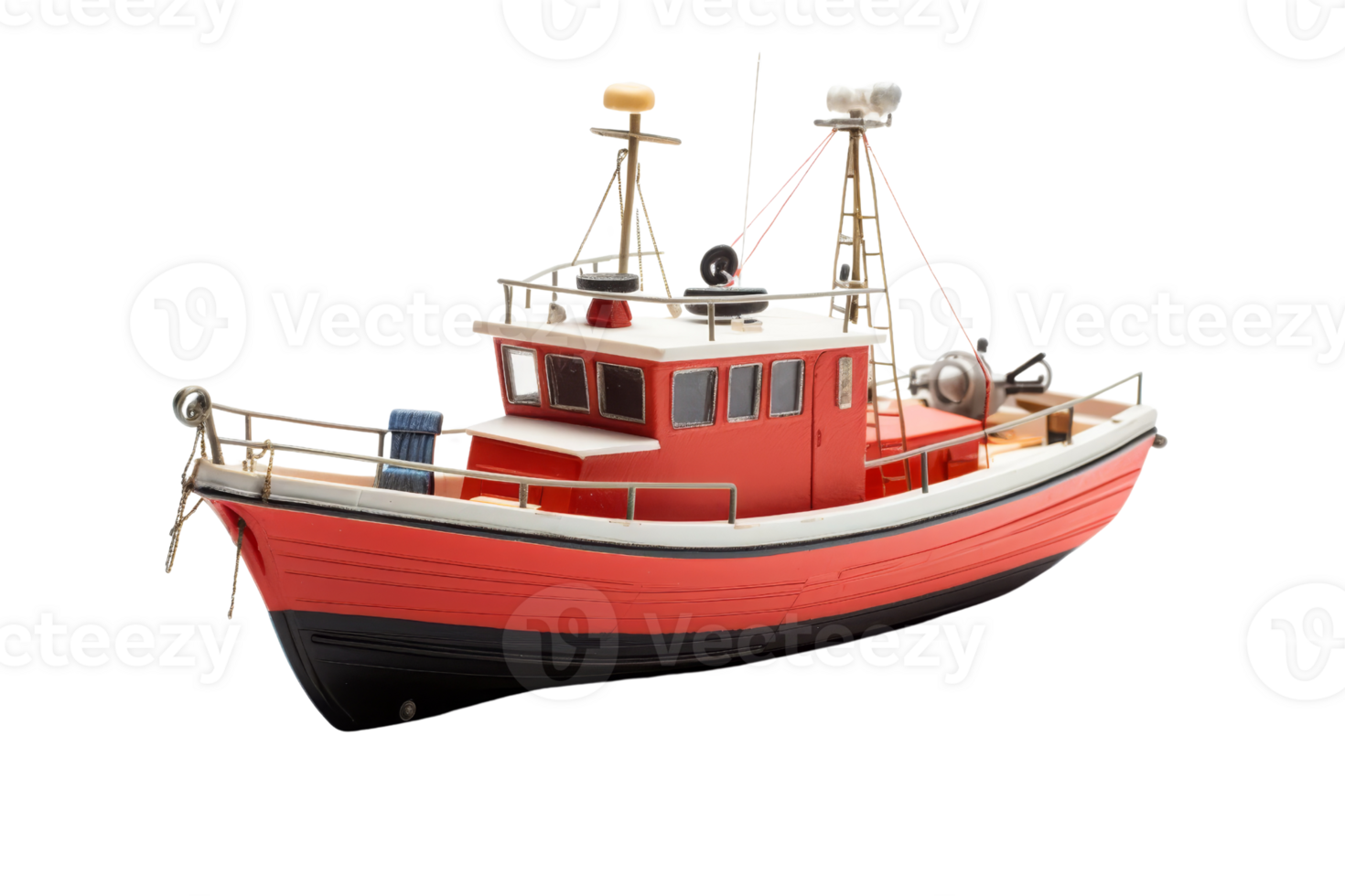 A detailed model of a small red fishing boat with various deck equipment and details, isolated on a transparent background. png