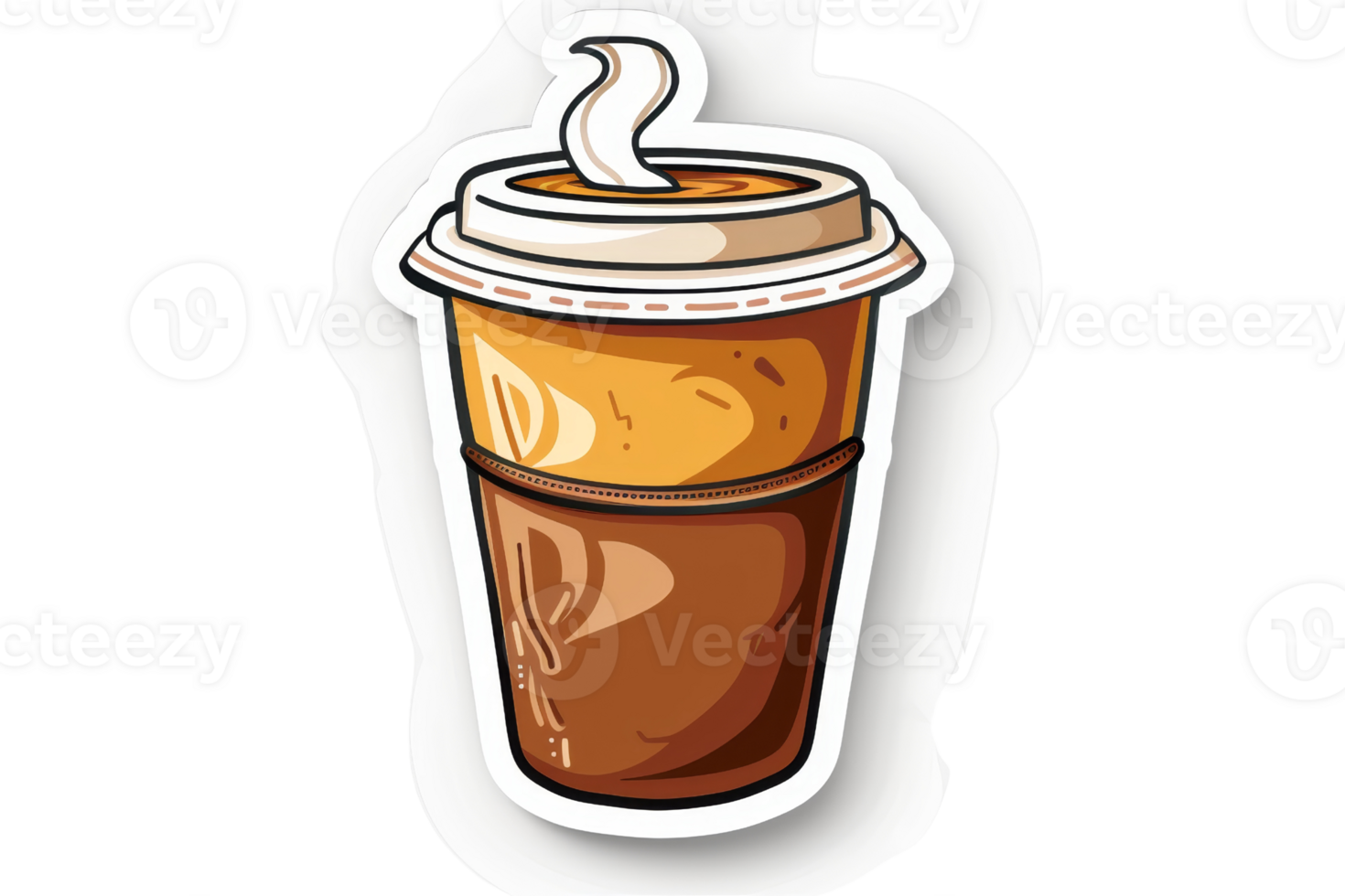 A cup of coffee with a white background. The coffee is in a brown cardboard cup with a white lid. The coffee is steaming and there is a brown sleeve around the cup. png