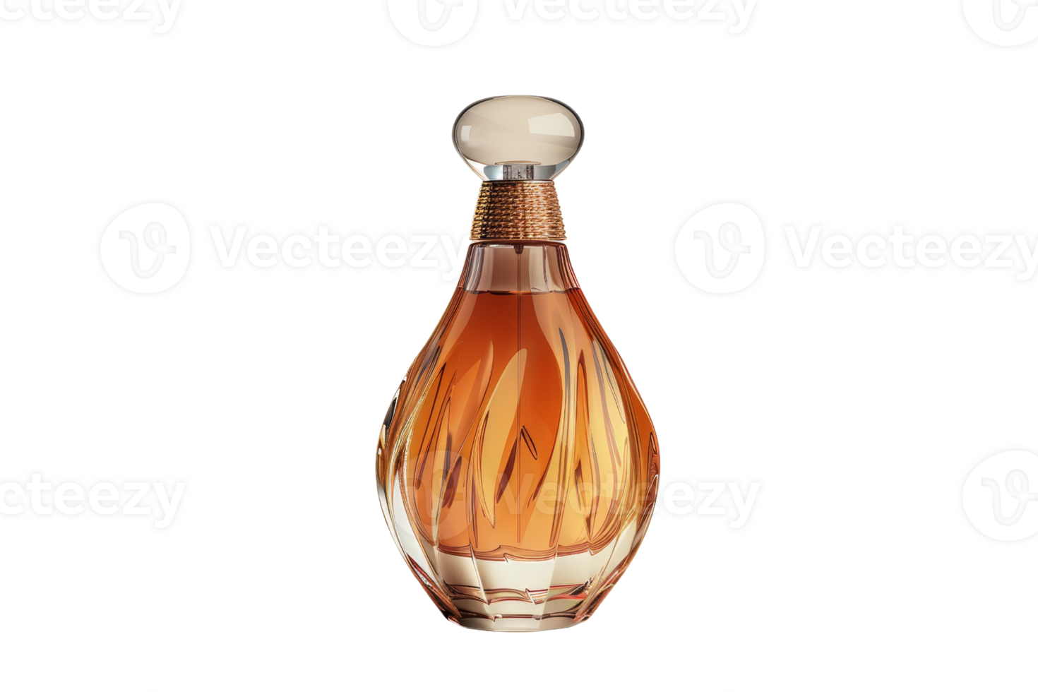 Elegant perfume bottle with an intricate design and amber liquid, perfect for luxury beauty product promotions and advertisements. png