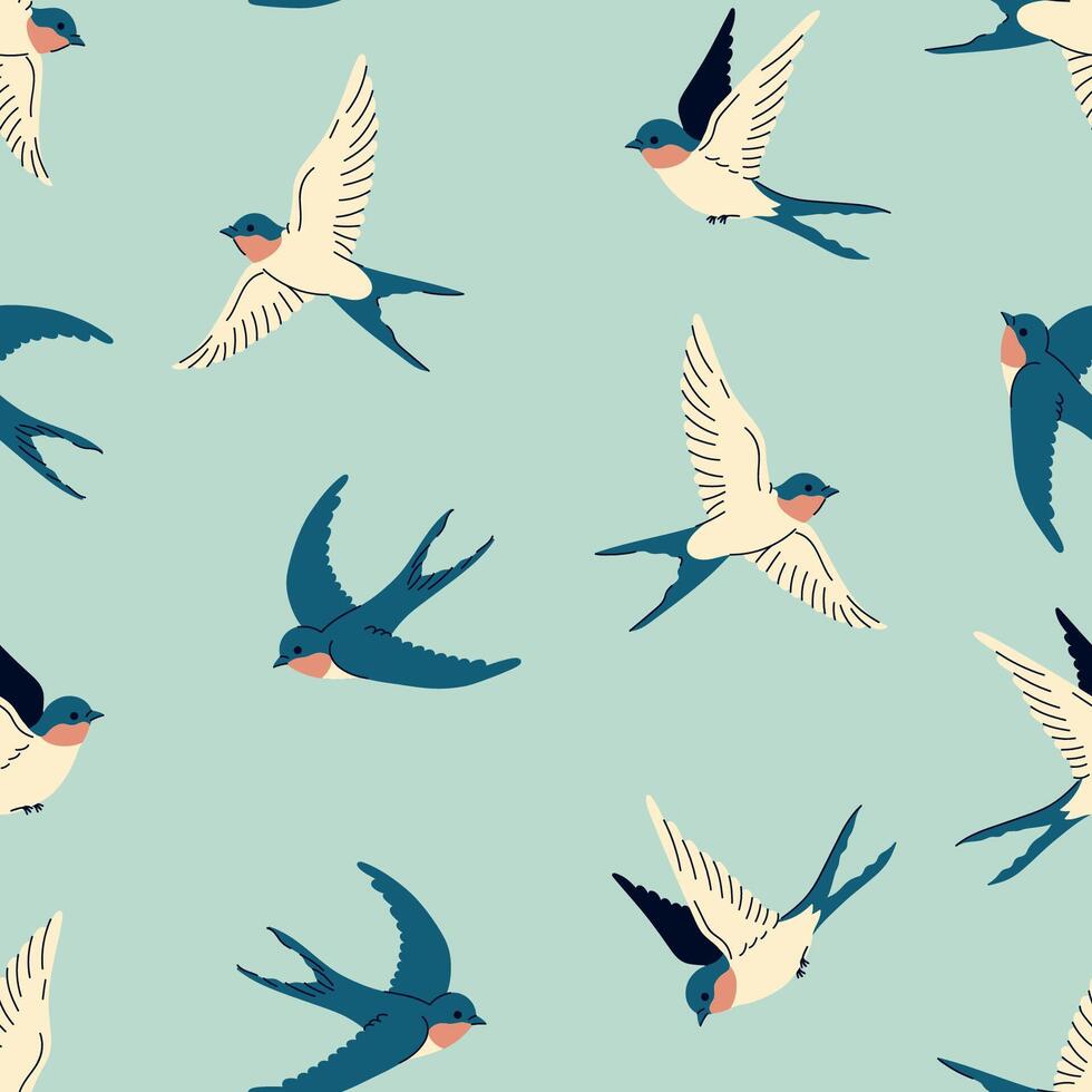 Seamless pattern with flying swallows on a blue background. graphics. vector