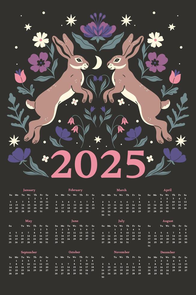 2025 calendar template with flowers and hares on dark background. graphics. vector