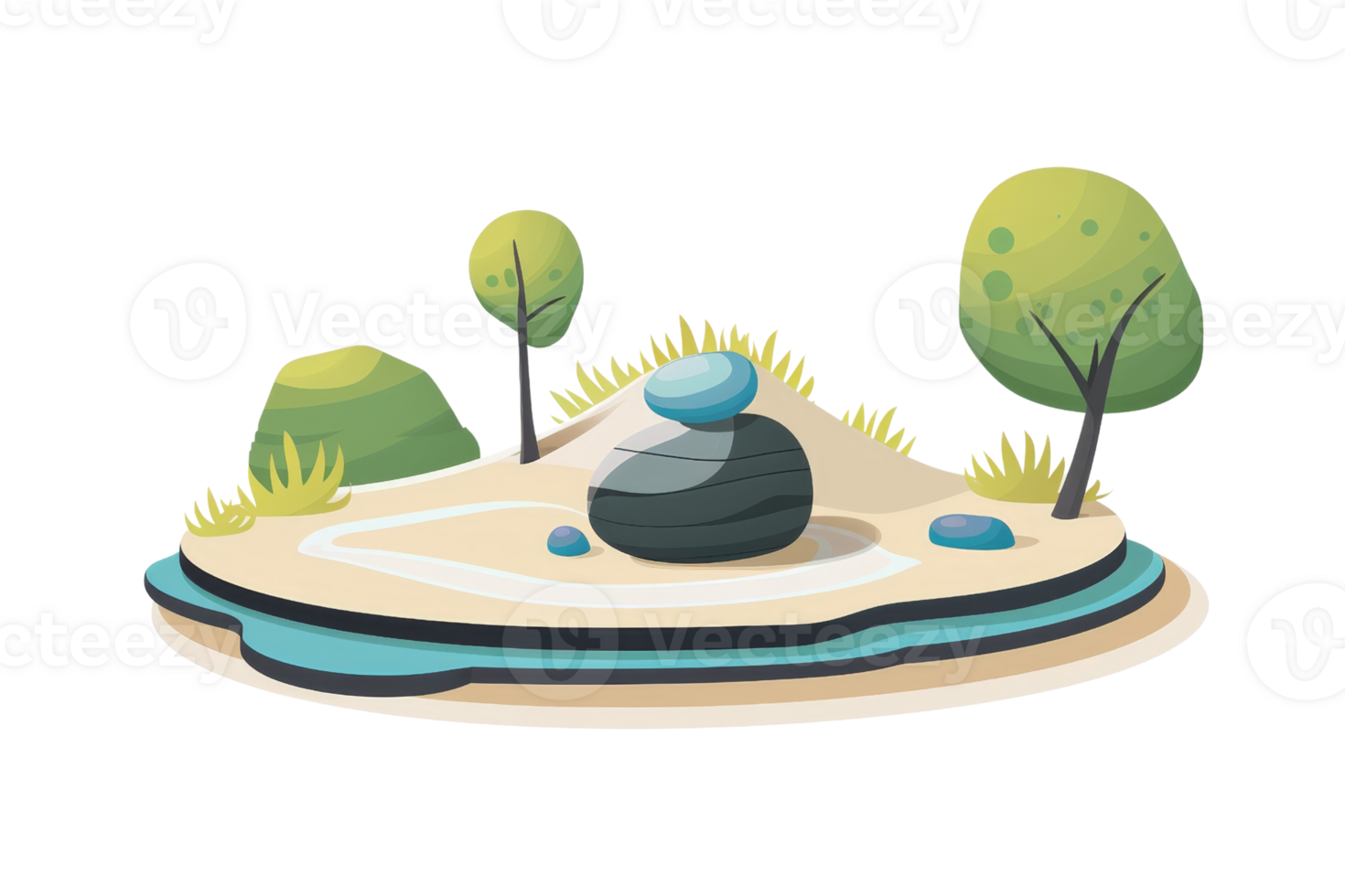 small island with a rock, some grass, and three trees. The island is surrounded by blue water. png
