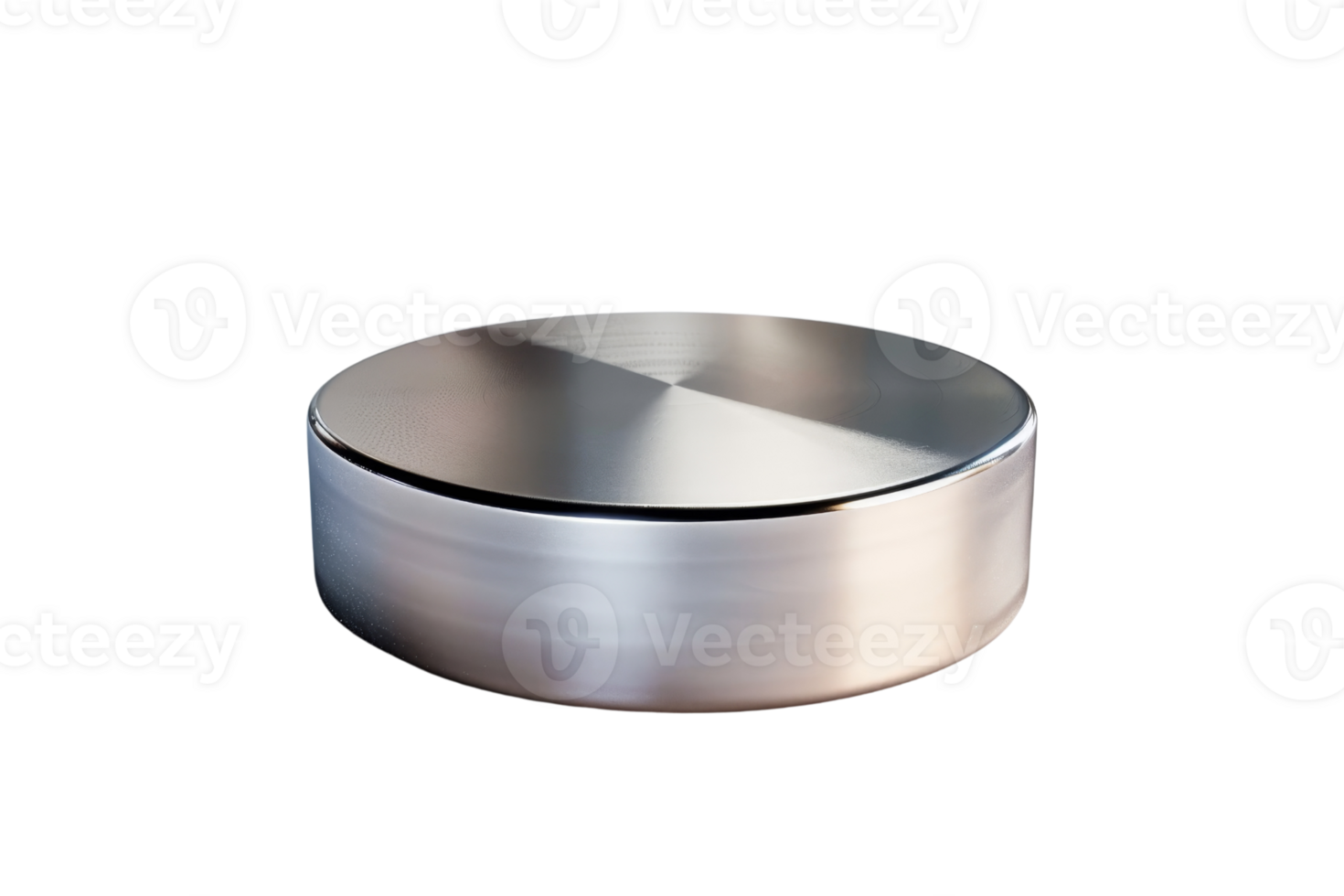 3D rendering of a silver hockey puck on a transparent background. The puck is in focus and there is a slight shadow on the puck. png
