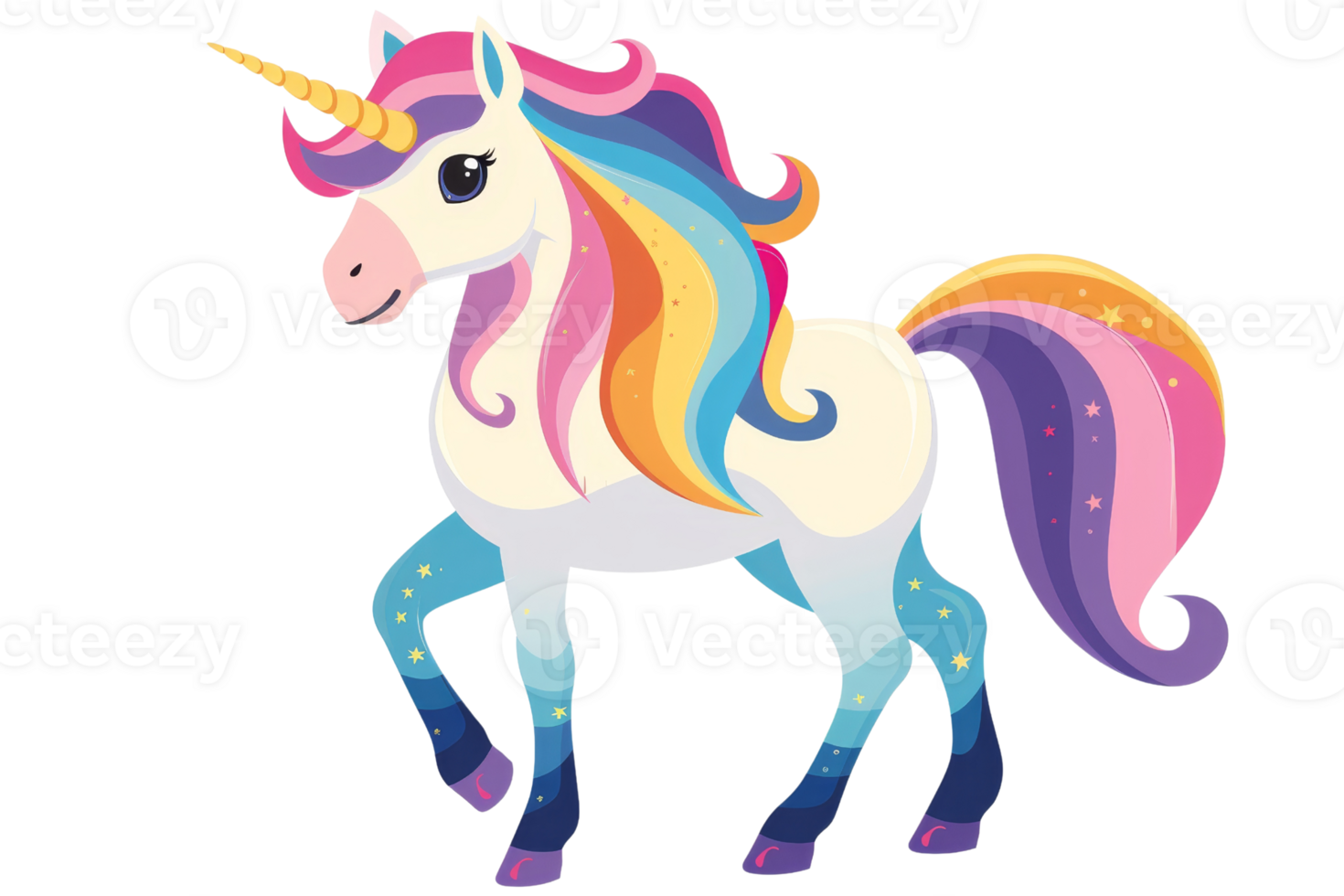 A beautiful unicorn with a rainbow mane and tail. It is standing on a white background. The unicorn is smiling and has a happy expression on its face. png