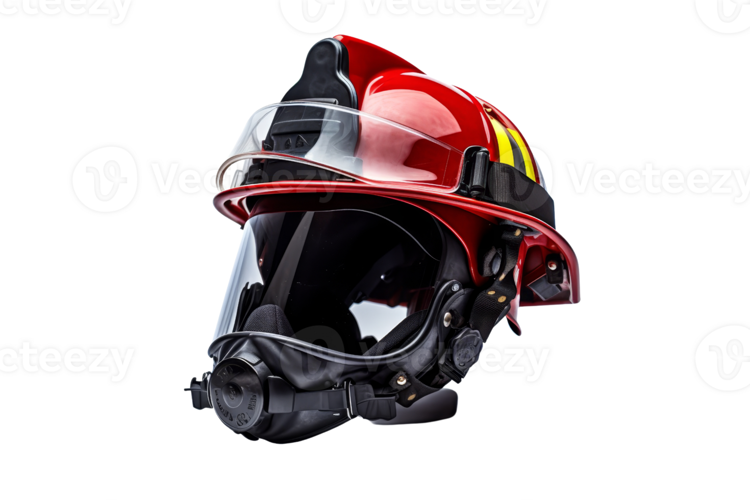 A red and yellow fire helmet with a clear visor. The helmet is designed to protect the wearer from heat and flames png