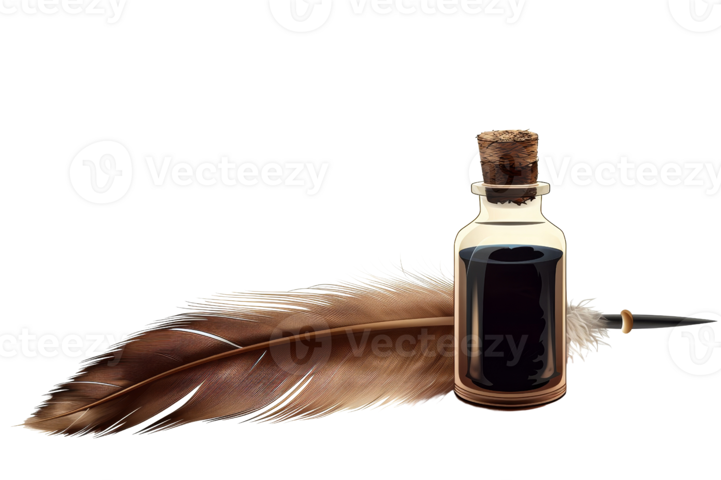 A feather quill and inkwell sit on a wooden table. png