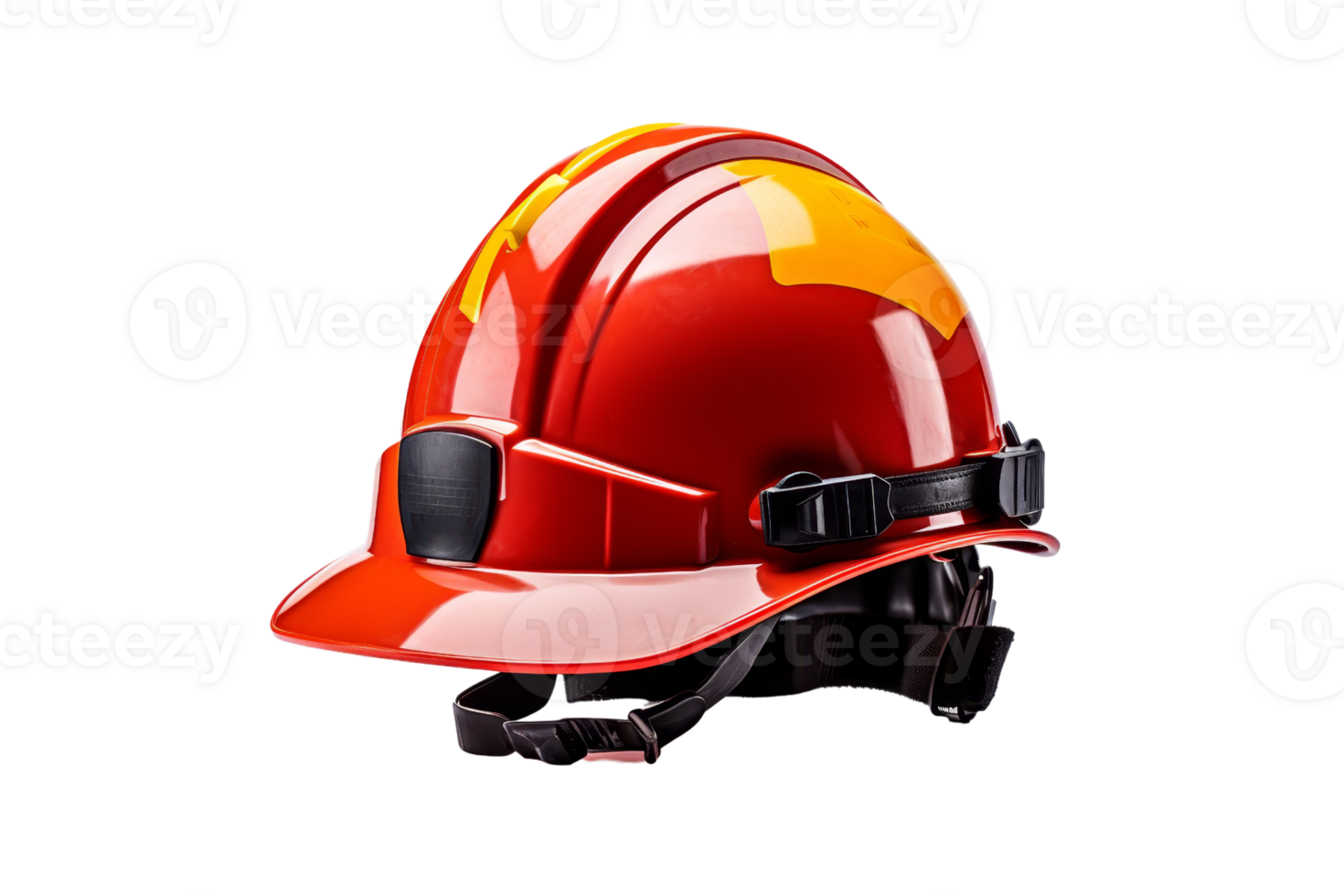 A red and yellow hard hat with a black visor. The hat is designed to protect the wearer from falling objects and other hazards png