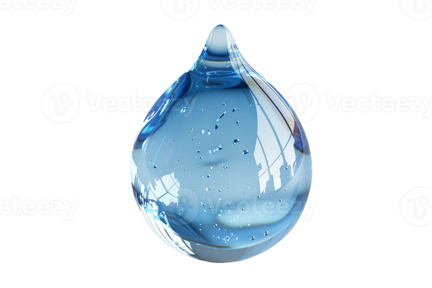 Close-up of a single water droplet with a transparent appearance, capturing light reflections and tiny air bubbles inside. png