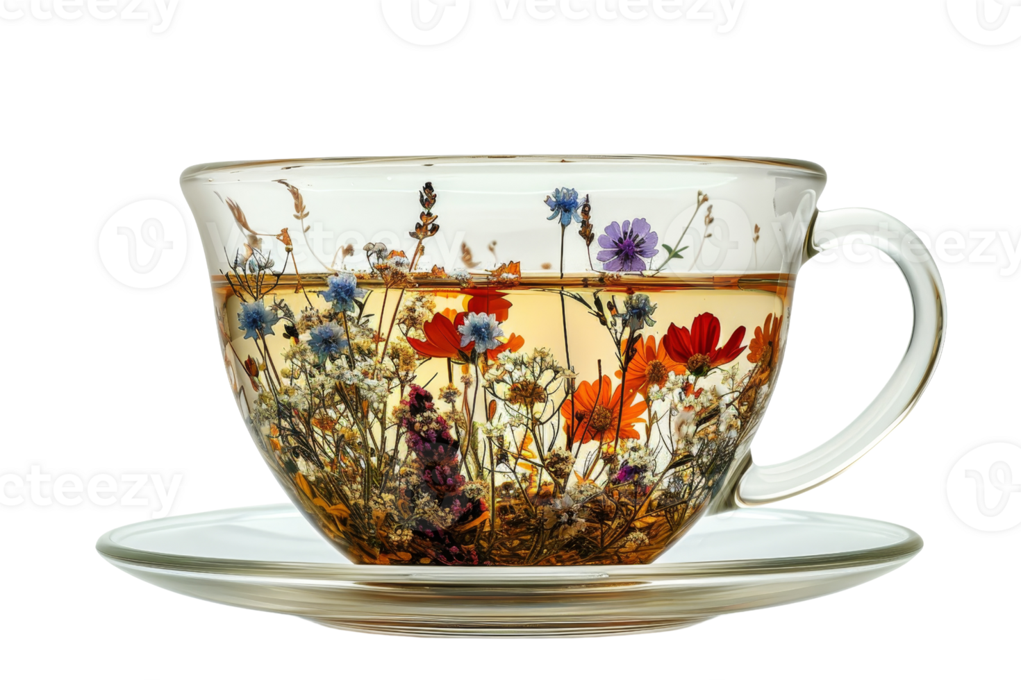 A cup of tea with flowers in it sits on a saucer. The flowers are in various colors and are scattered throughout the cup. The cup and saucer are both clear, allowing the tea png