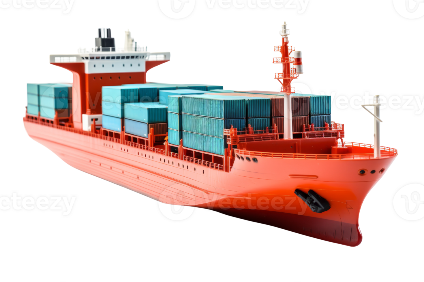 A large red ship with many containers on it. The ship is the size of a small city png