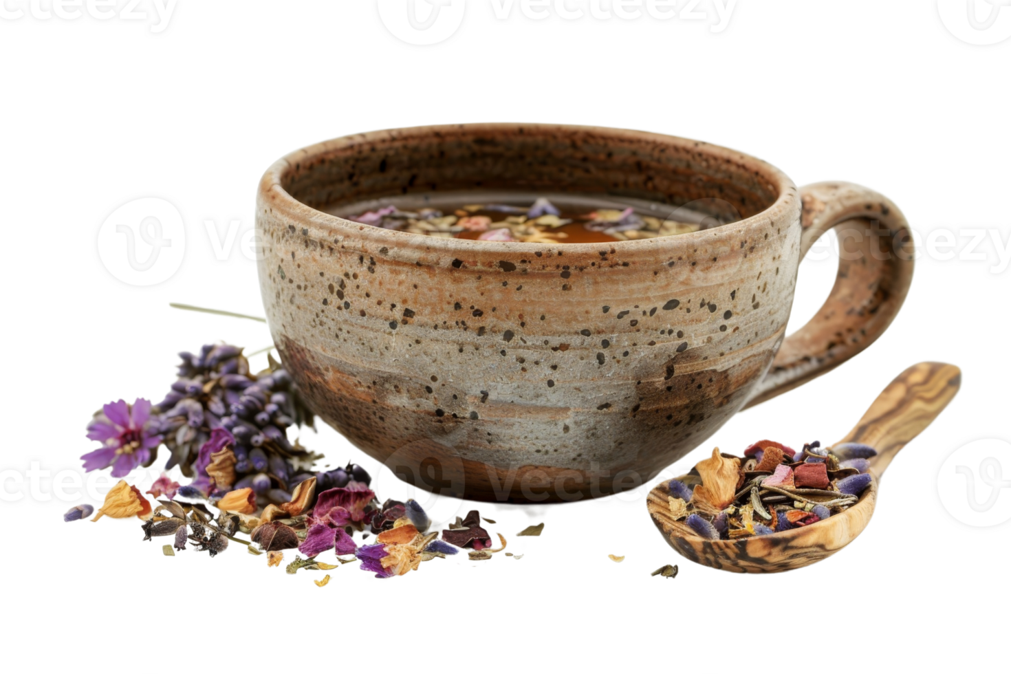 A mug of tea with flowers and a spoon next to it. The mug is brown and has a floral design png