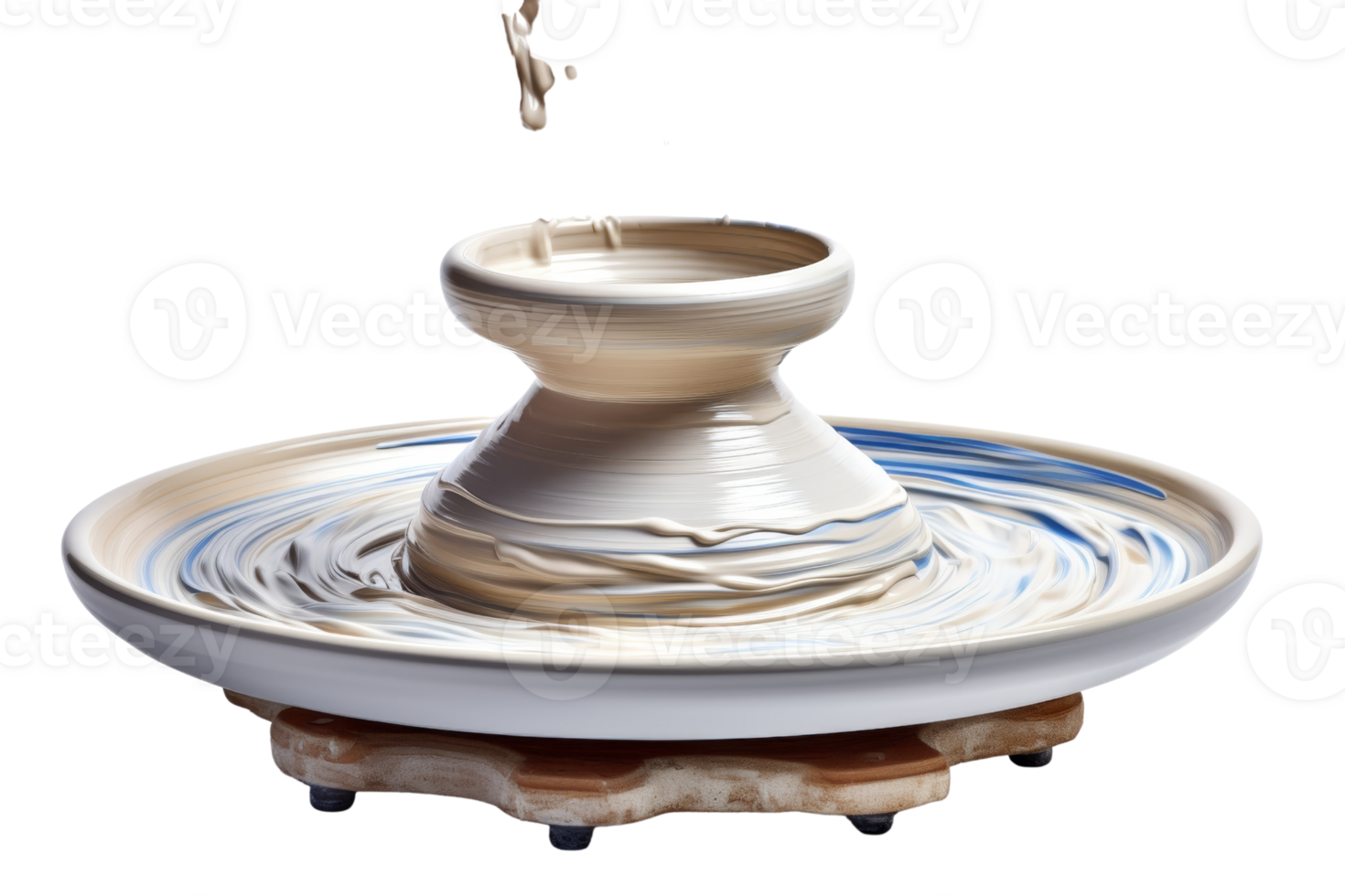 A white and blue plate with a white and blue swirl on it. The plate is on a wooden base png