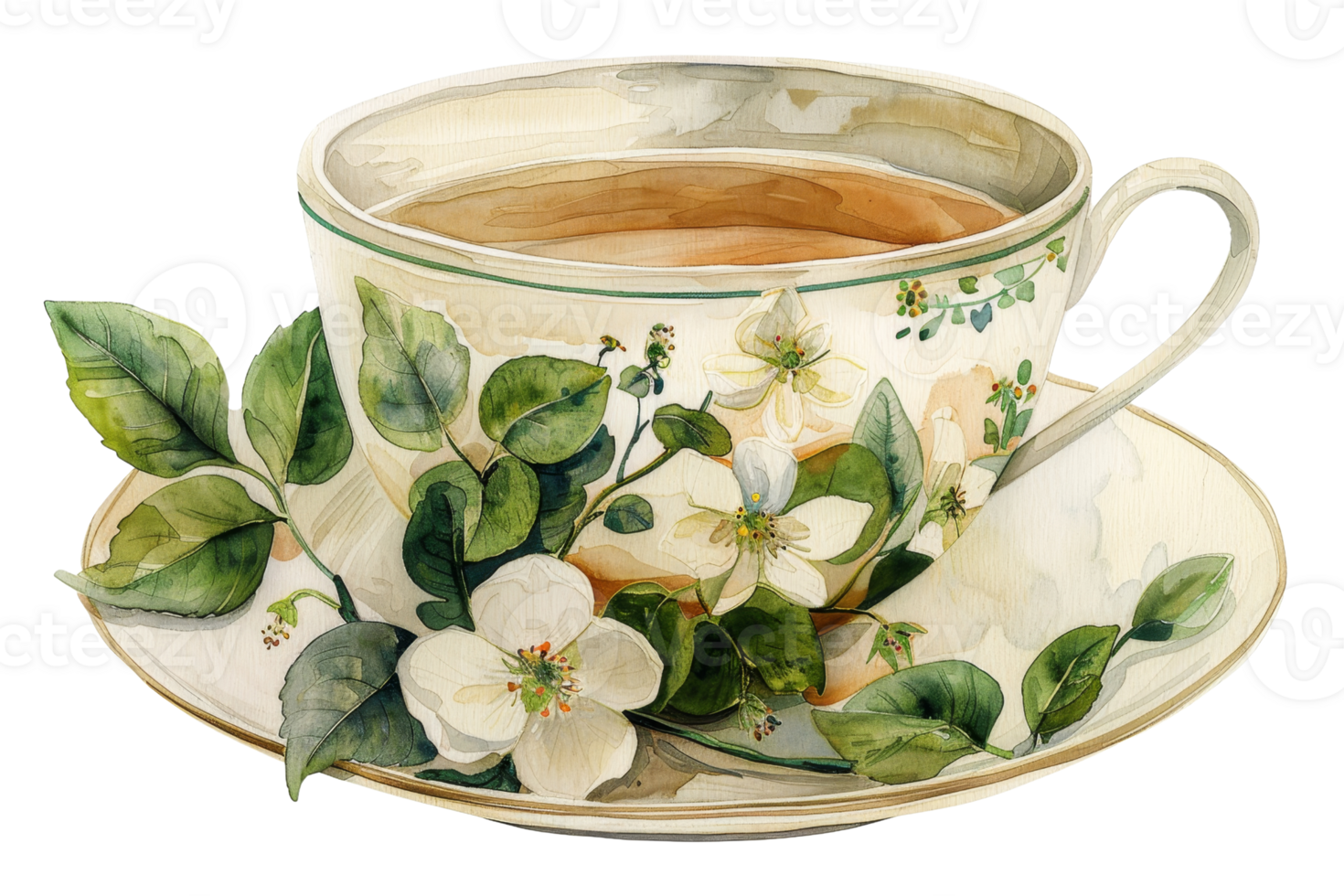 A cup with a flower design on it sits on a white plate. The cup is filled with tea and the flowers are green png