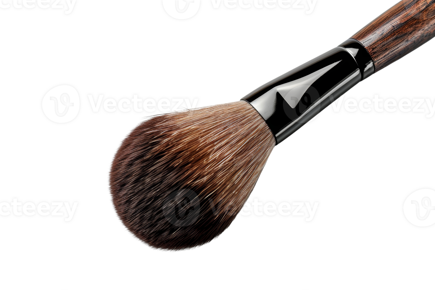 A close up of a makeup brush with brown bristles. The brush is made of wood and has a black handle png