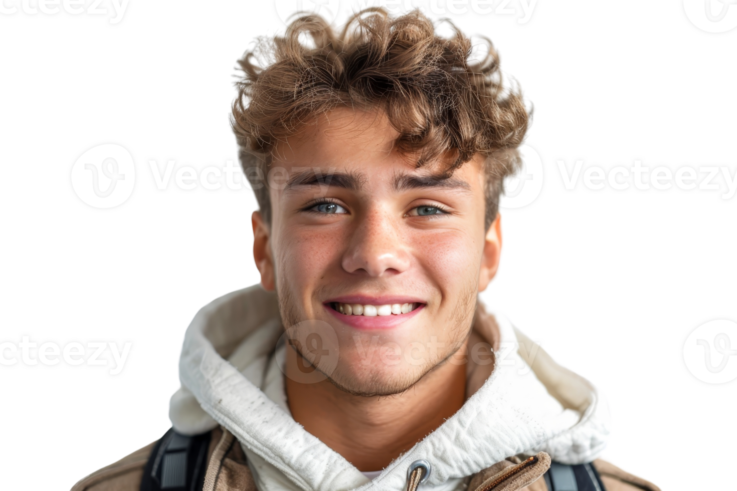 A young man with curly hair is smiling and wearing a white hoodie. He has a backpack on his back png