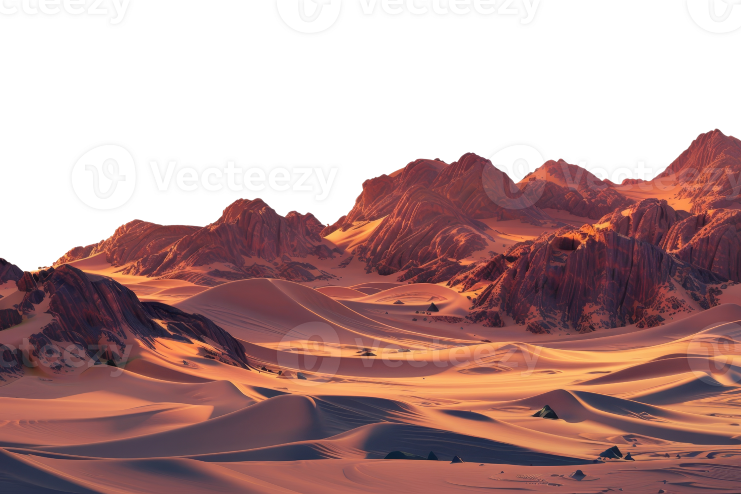 beautiful landscape with mountains and sand dunes. The sky looks amazing with a bright orange sunset. png