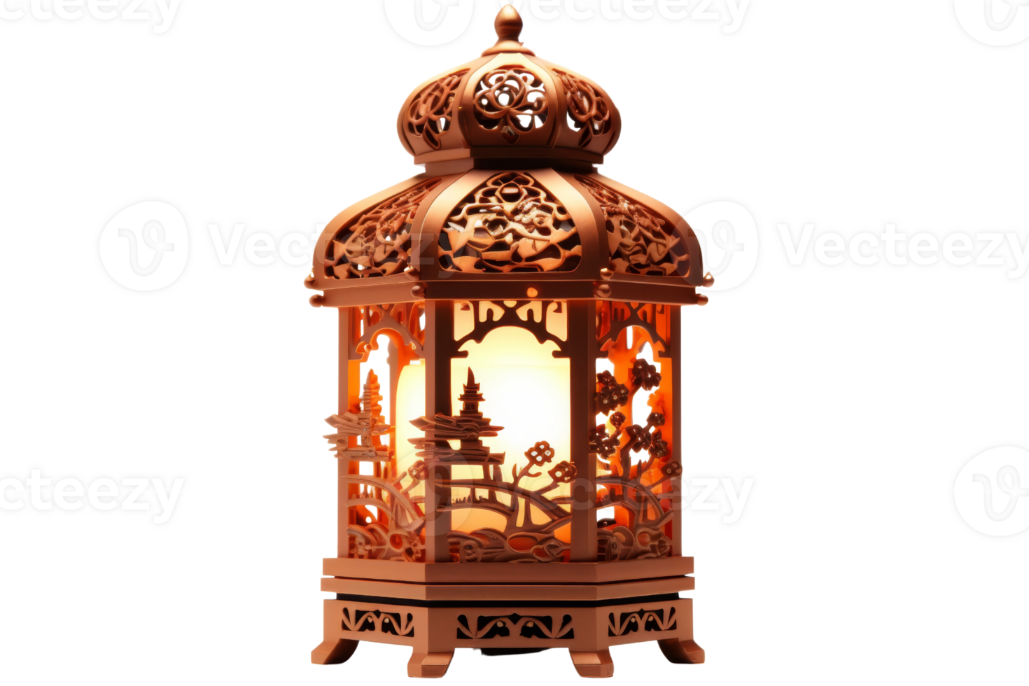 A lantern with a gold and brown color and a design of a building and trees. The lantern is lit up and has a warm glow png