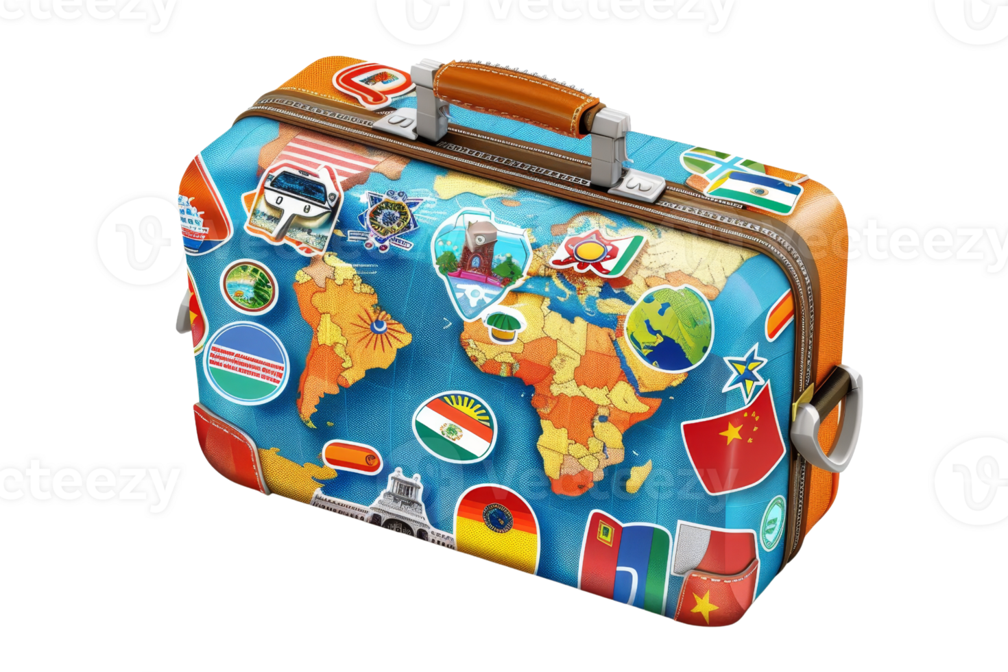 blue suitcase with stickers of different flags and landmarks from around the world png