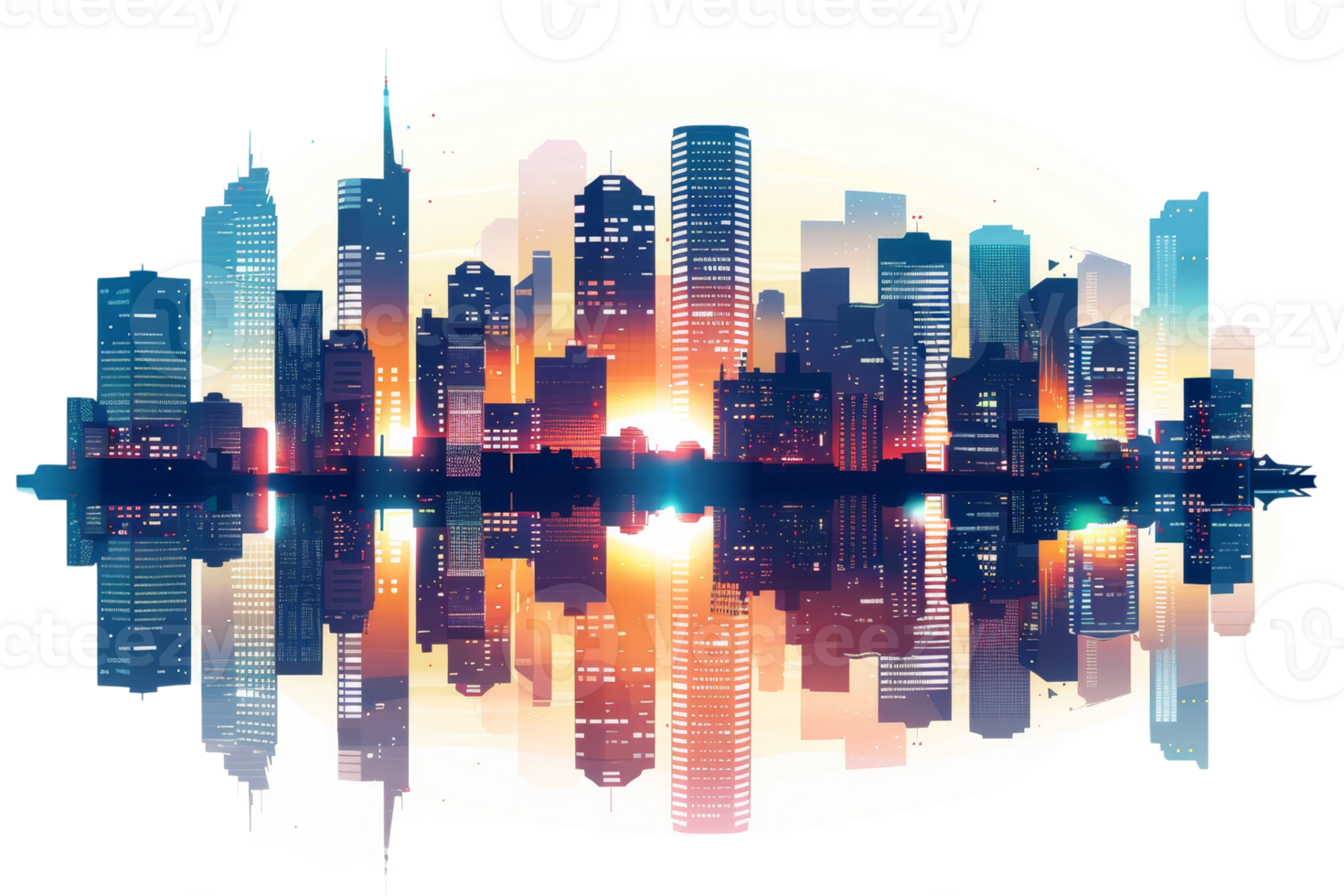 A vibrant cityscape with a modern skyline reflecting on the water below. png