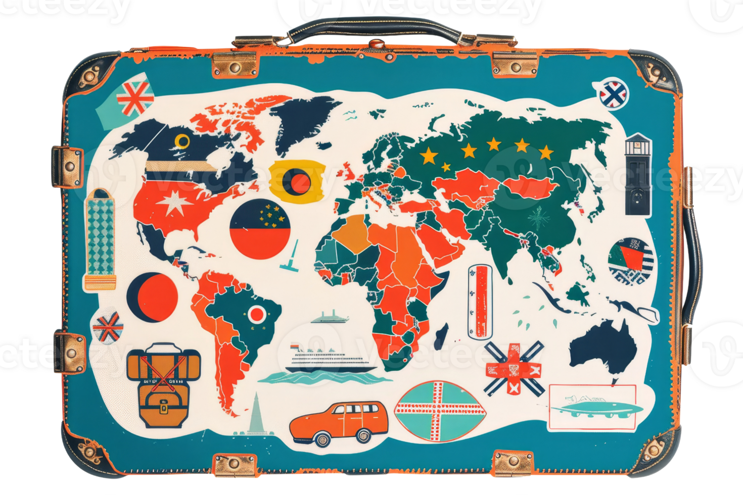 world map with various landmarks. It is in the shape of a suitcase. png
