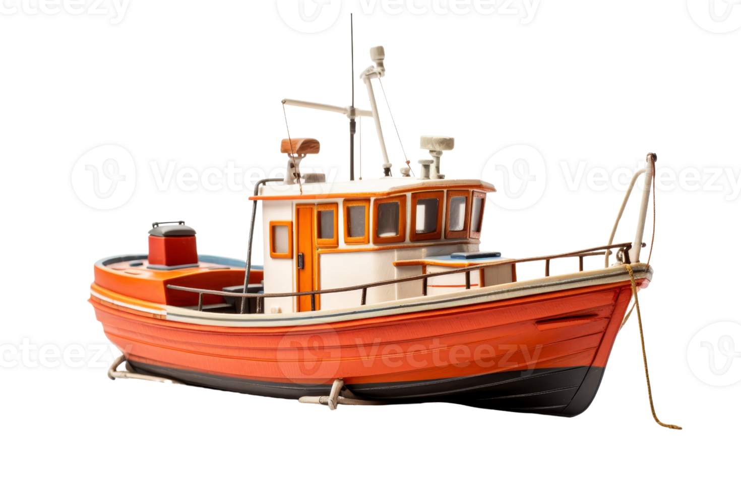 A small orange boat is sitting on the water. The boat is small and has a white stripe on the side png
