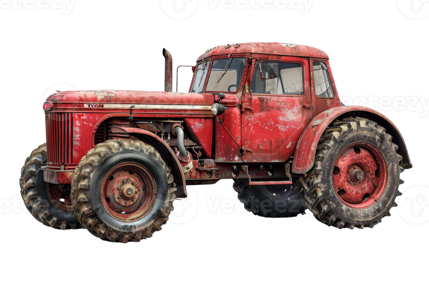 Vintage red tractor with rugged wheels isolated on transparent background. Historic farming machinery in weathered condition. png